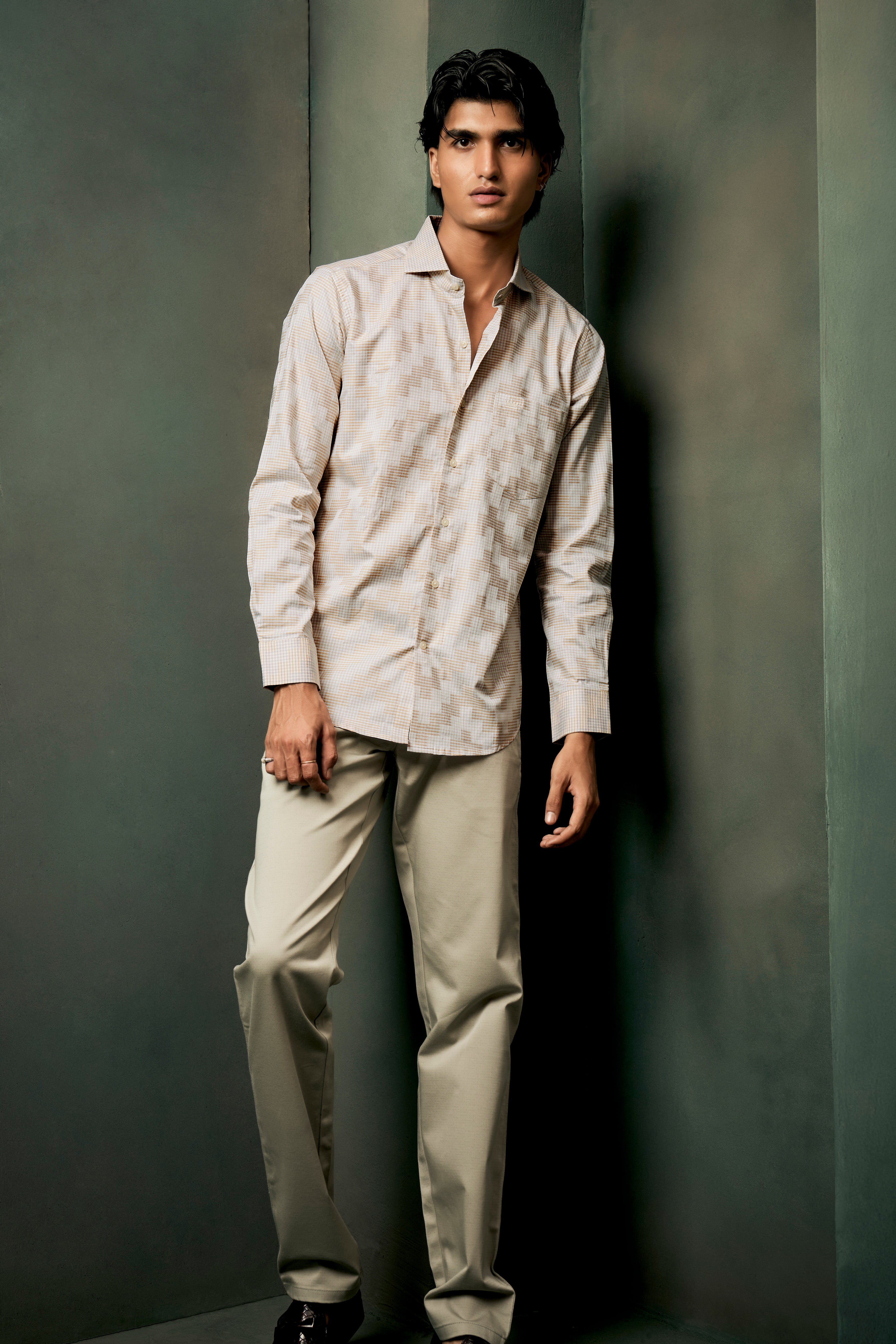 Givry Cream Jacquard Textured Premium Cotton Shirt