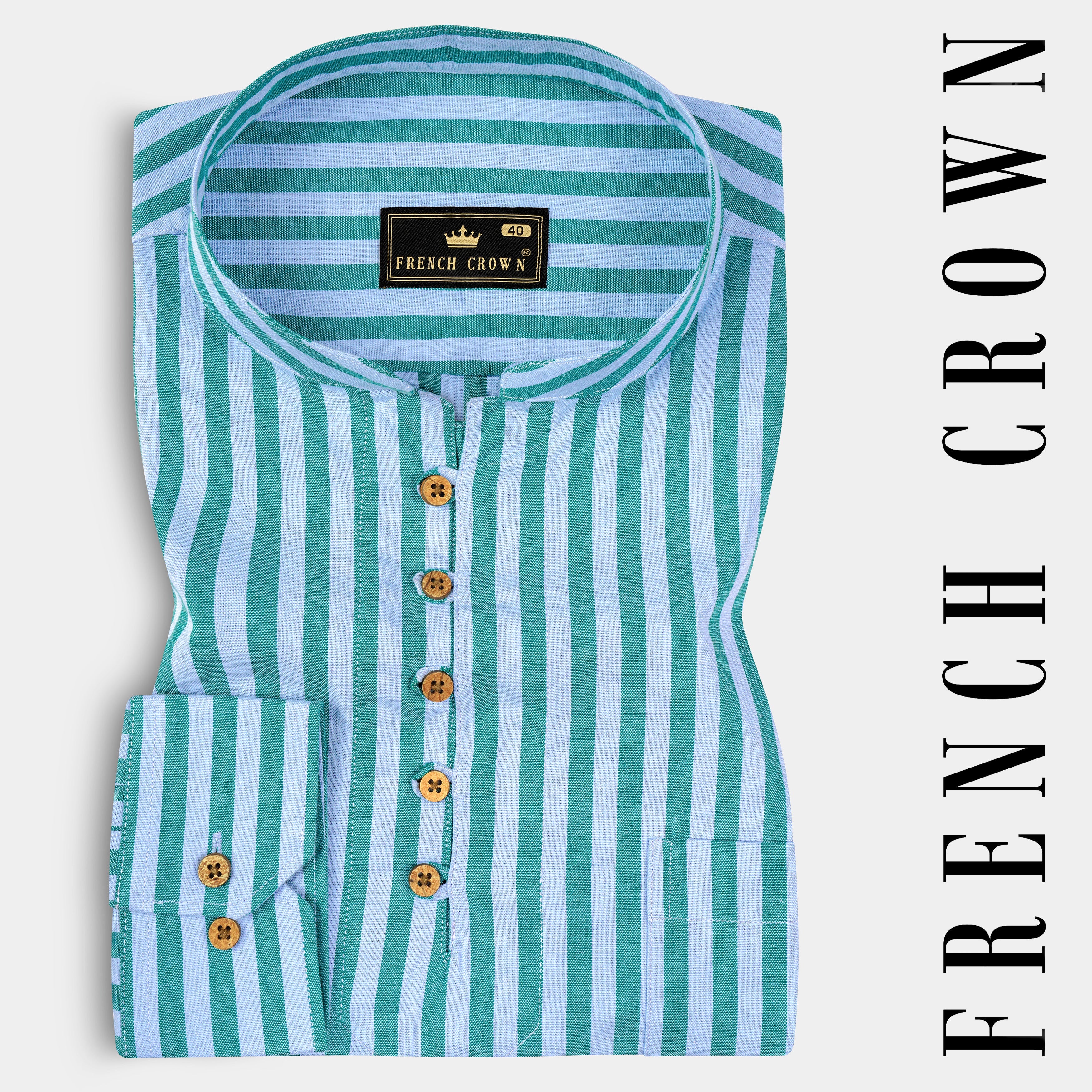 Tropical Blue And Ocean Green Stripes Premium Cotton Indian Kurta