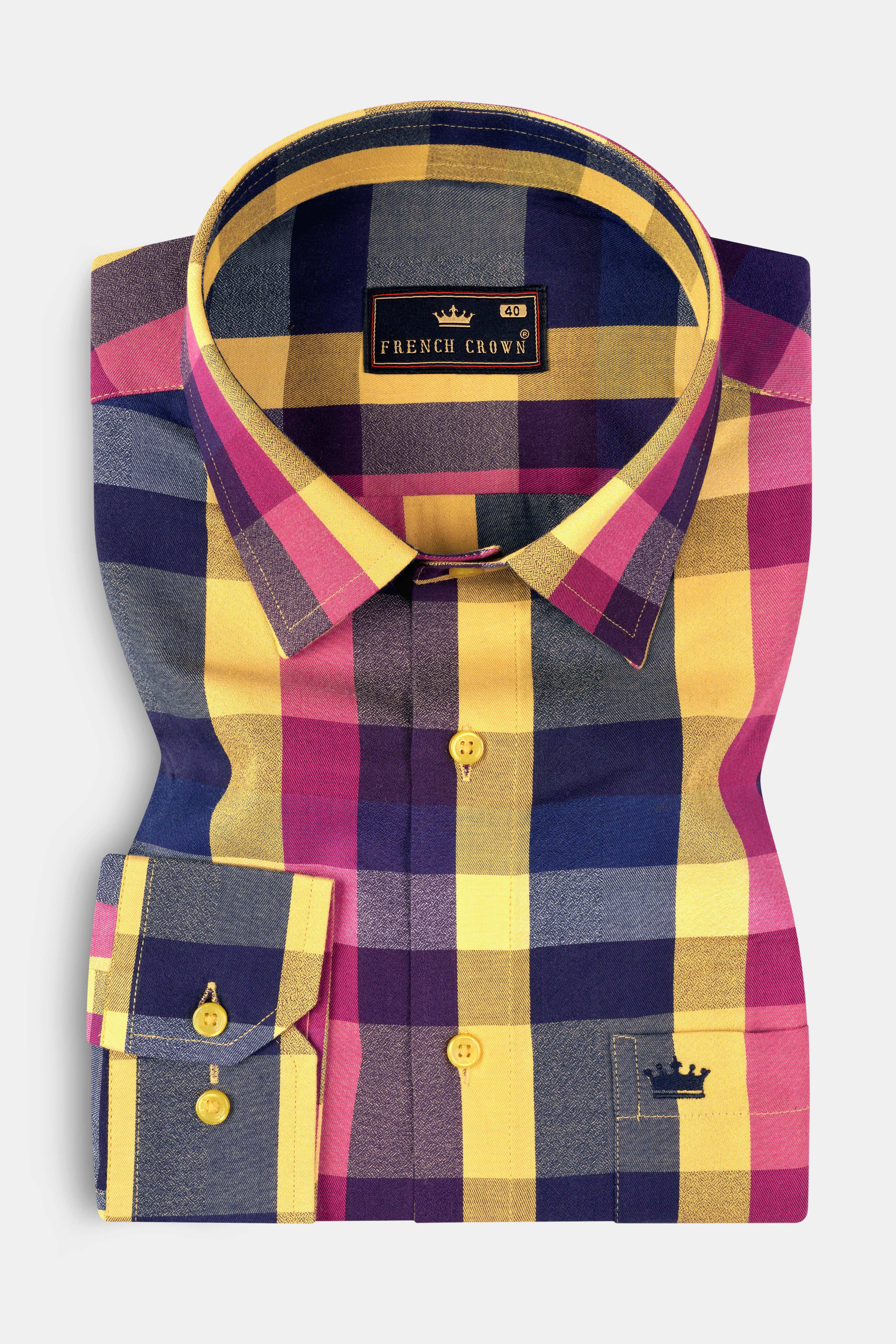 Salomie Yellow And Cabaret Pink Multi Color Plaid Twill Premium Cotton Shirt