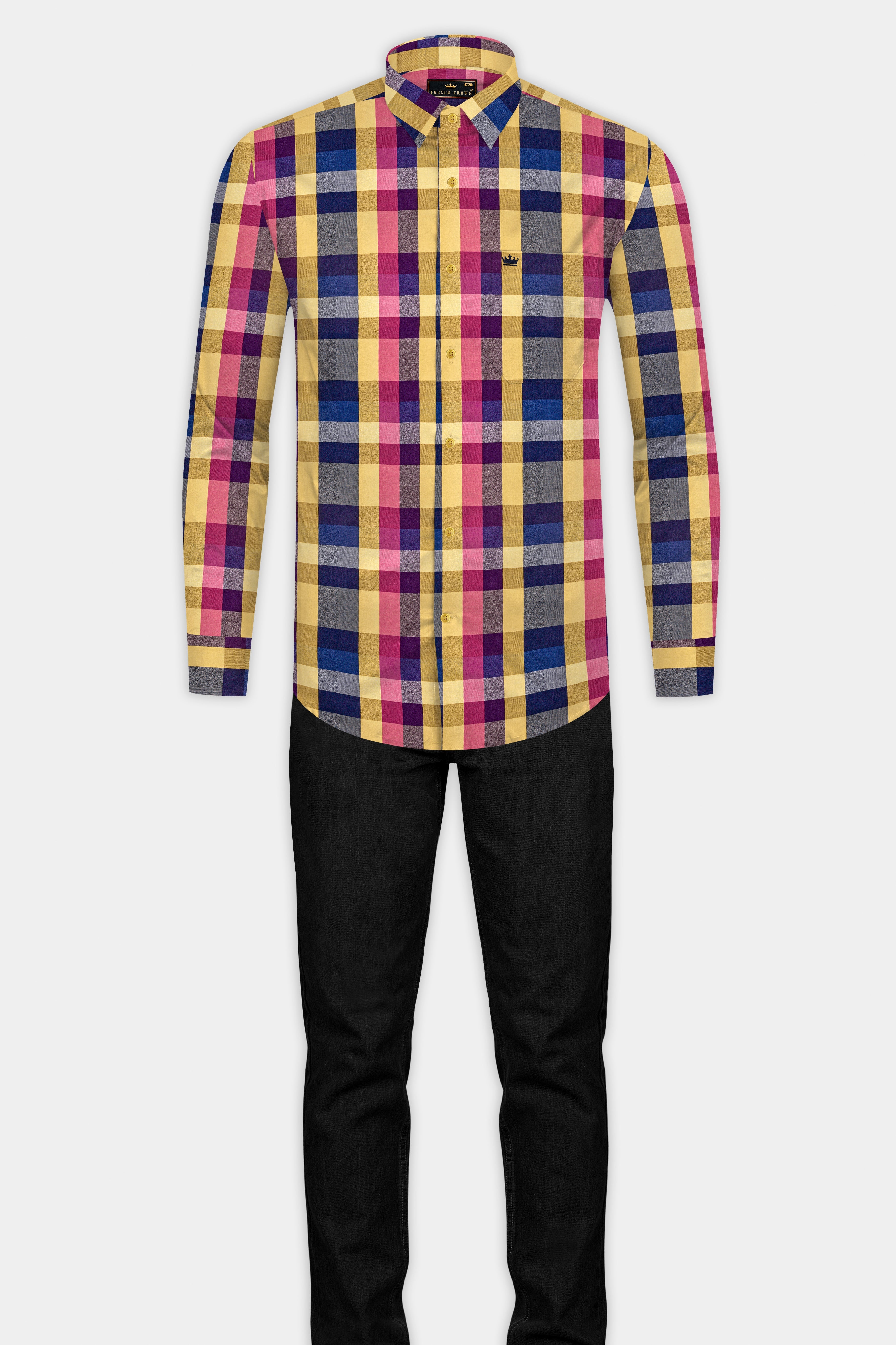 Salomie Yellow And Cabaret Pink Multi Color Plaid Twill Premium Cotton Shirt