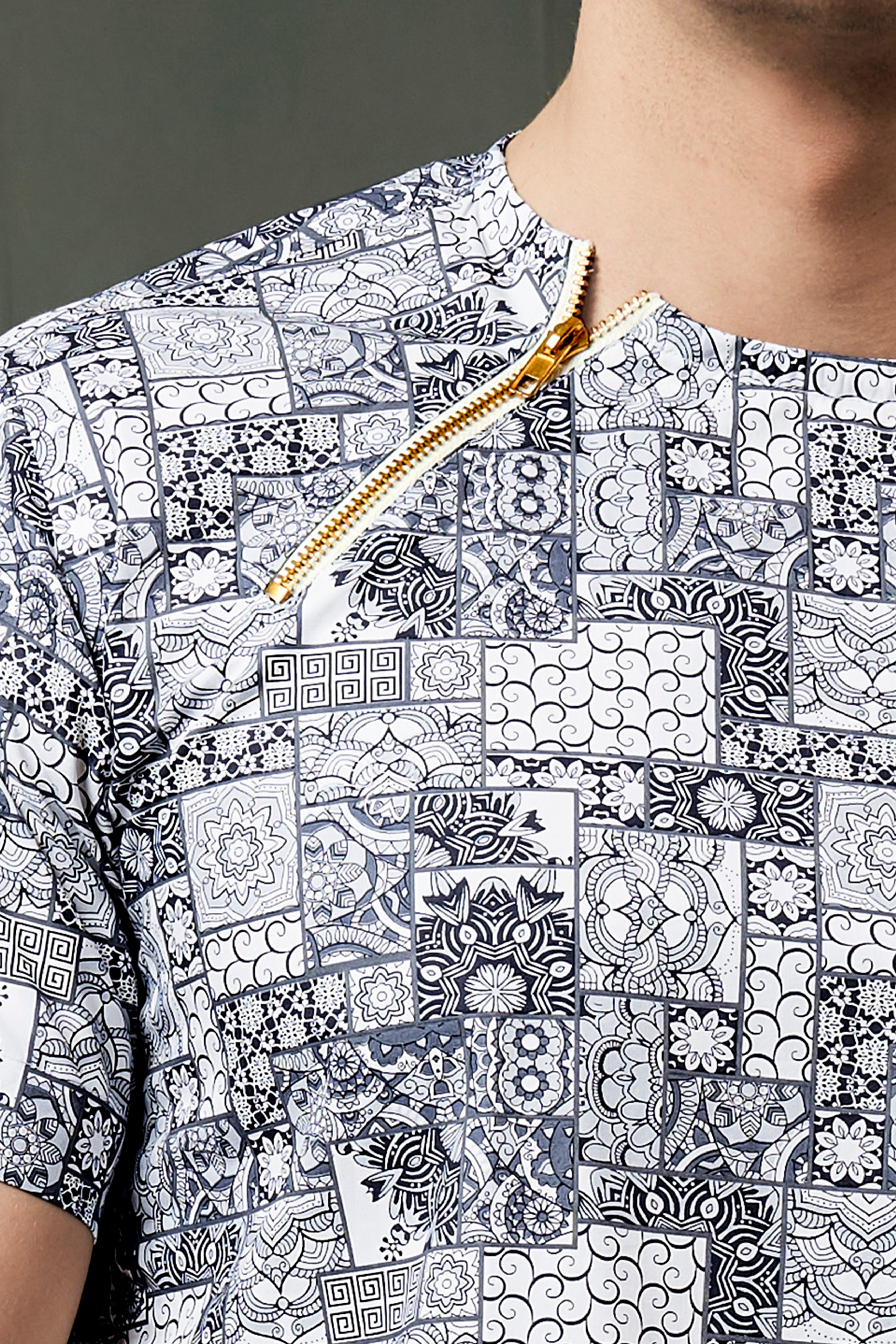 Comet Gray And Bright White Ethnic Motifs Printed Subtle Sheen Super Soft Premium Cotton Designer Shirt