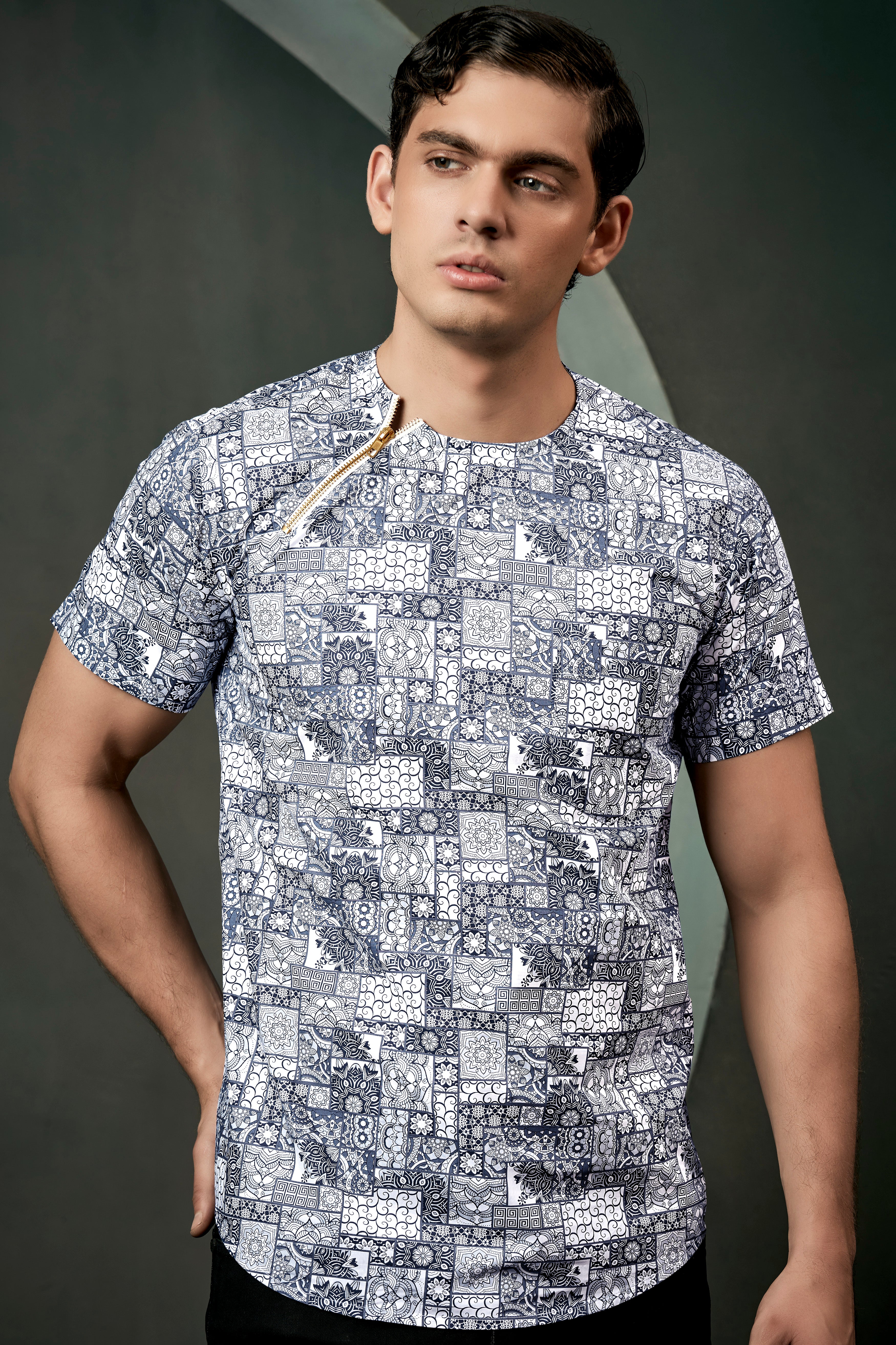 Comet Gray And Bright White Ethnic Motifs Printed Subtle Sheen Super Soft Premium Cotton Designer Shirt