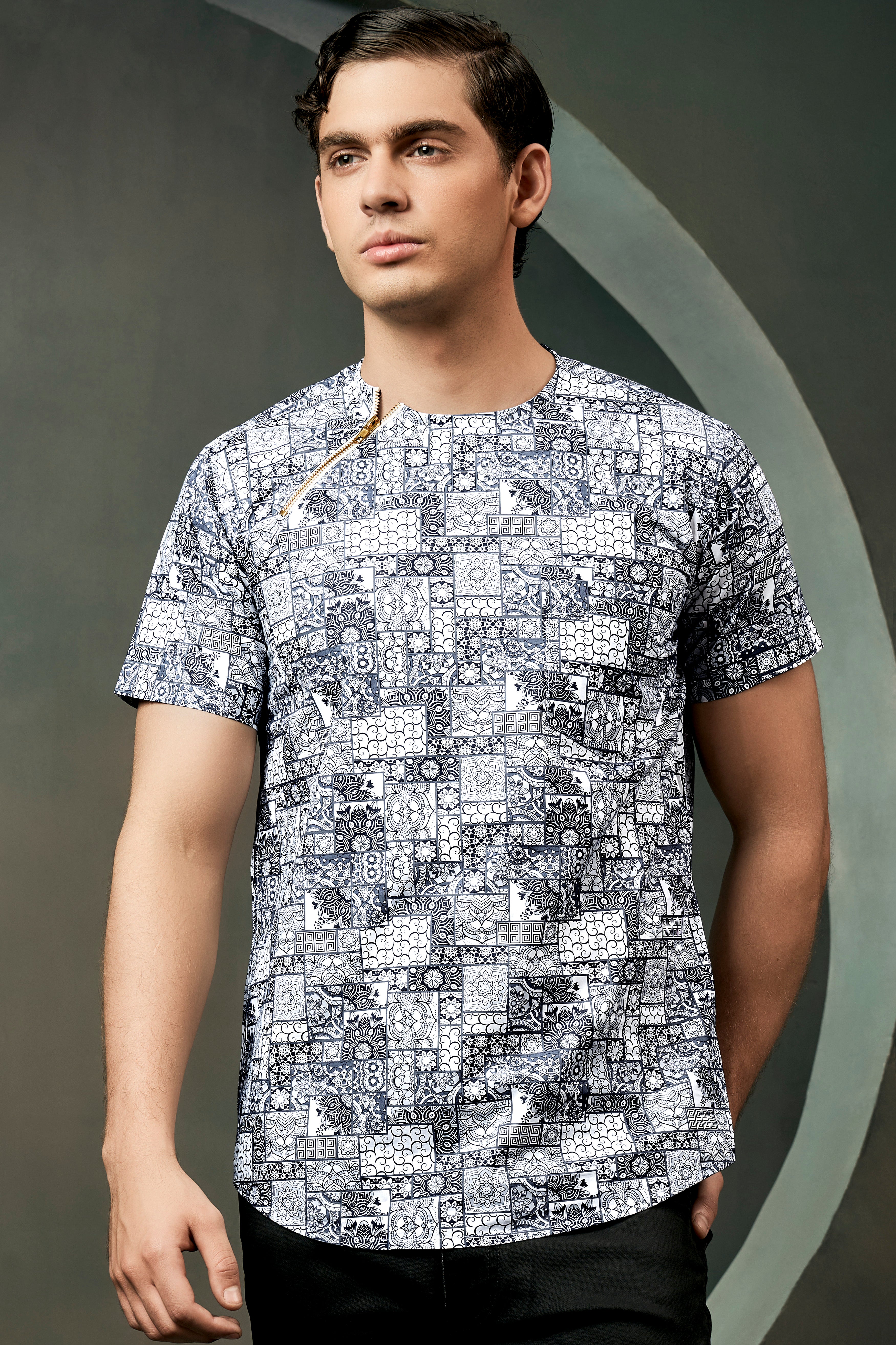 Comet Gray And Bright White Ethnic Motifs Printed Subtle Sheen Super Soft Premium Cotton Designer Shirt