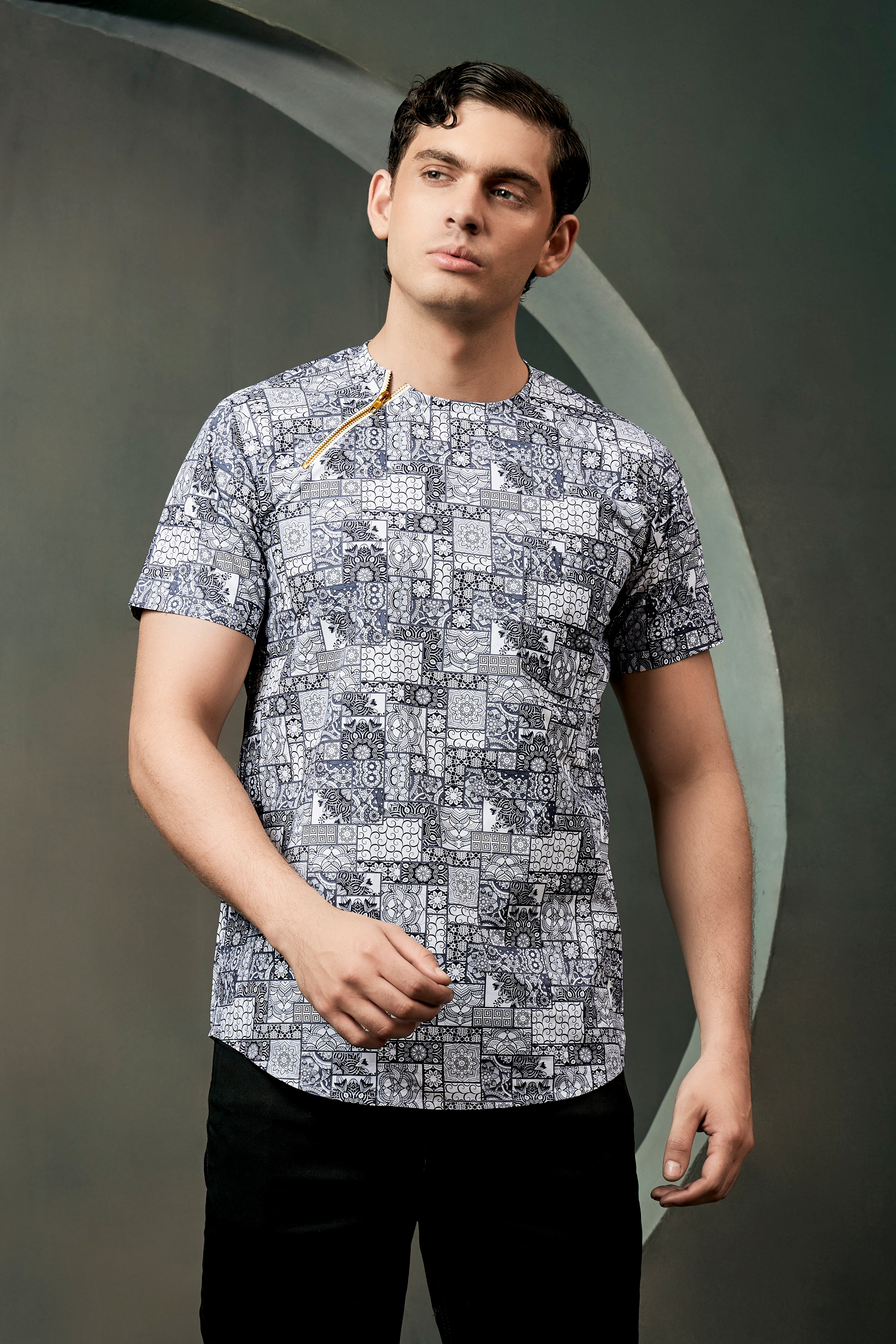 Comet Gray And Bright White Ethnic Motifs Printed Subtle Sheen Super Soft Premium Cotton Designer Shirt