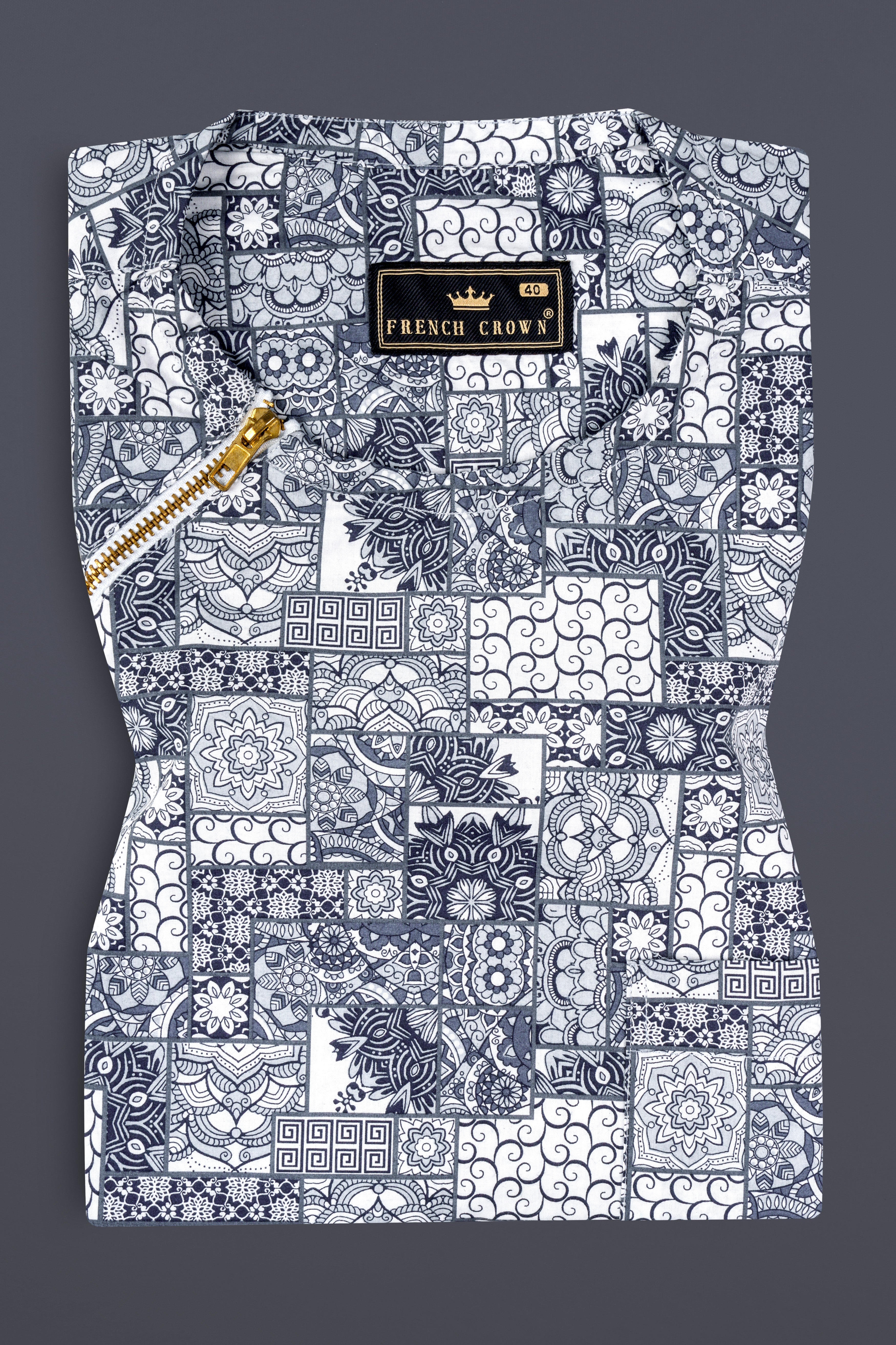 Comet Gray And Bright White Ethnic Motifs Printed Subtle Sheen Super Soft Premium Cotton Designer Shirt