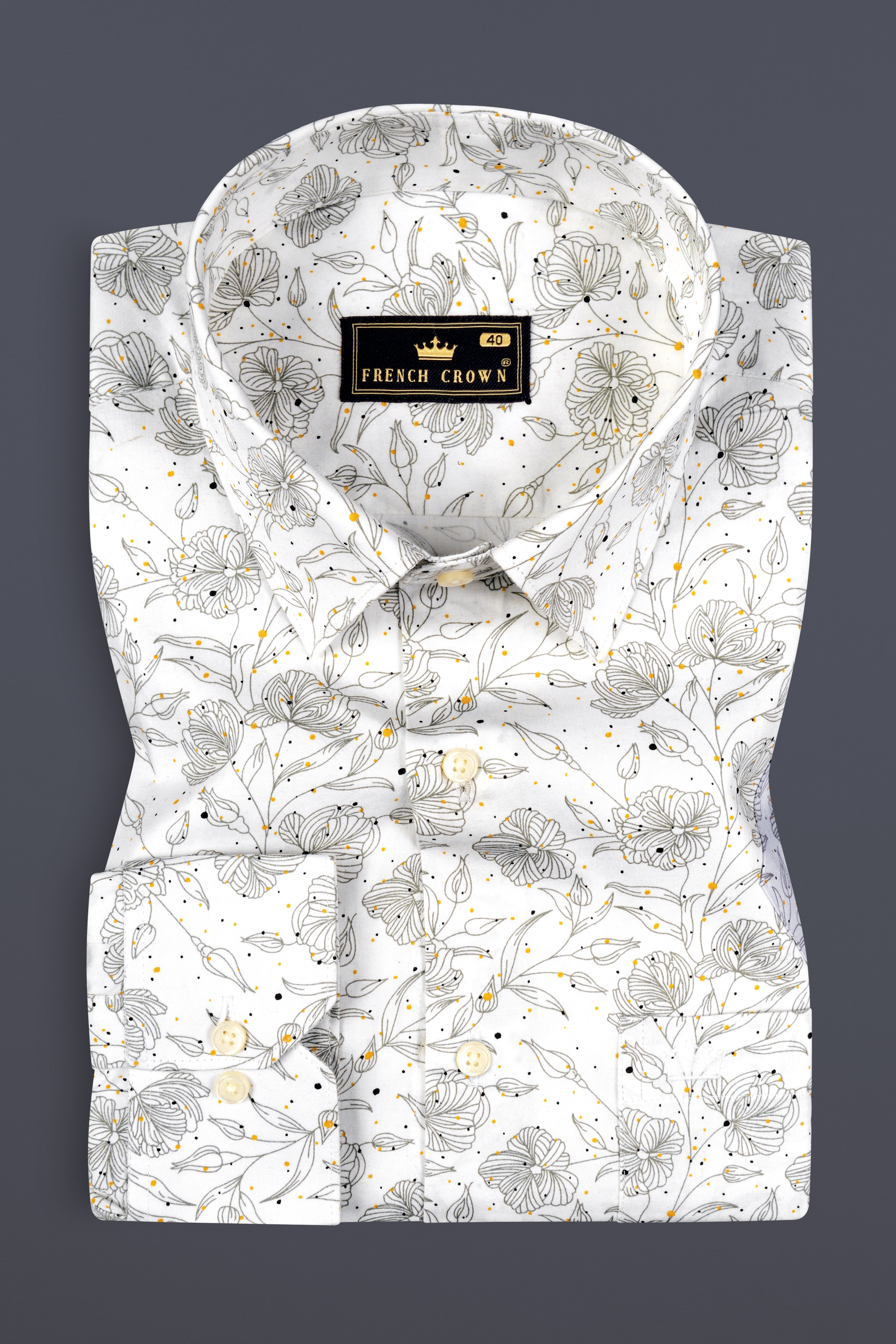 Bright White Floral Printed Subtle Sheen Super Soft Premium Cotton Shirt