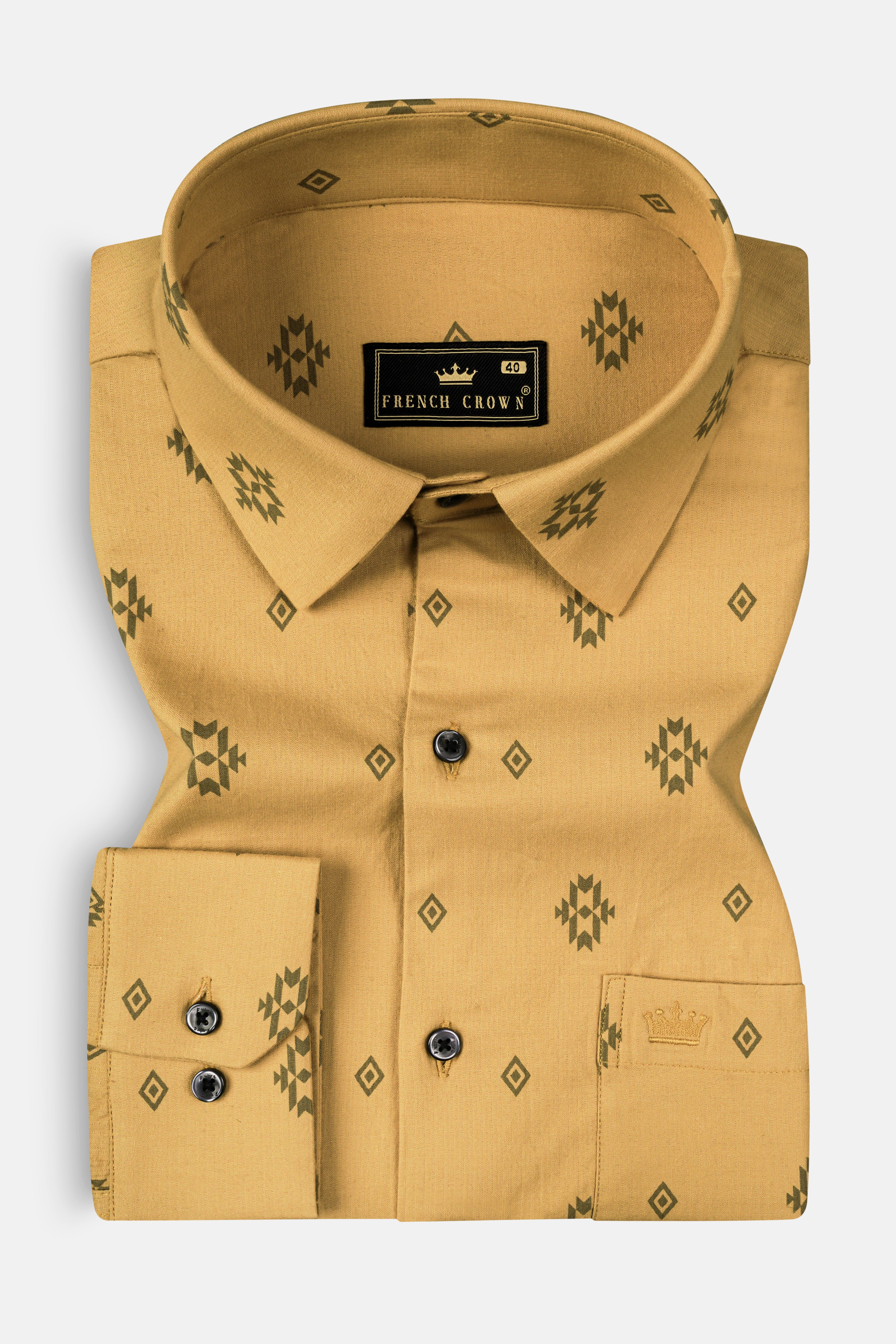 Tacao Yellow Printed Corduroy Designer Shirt