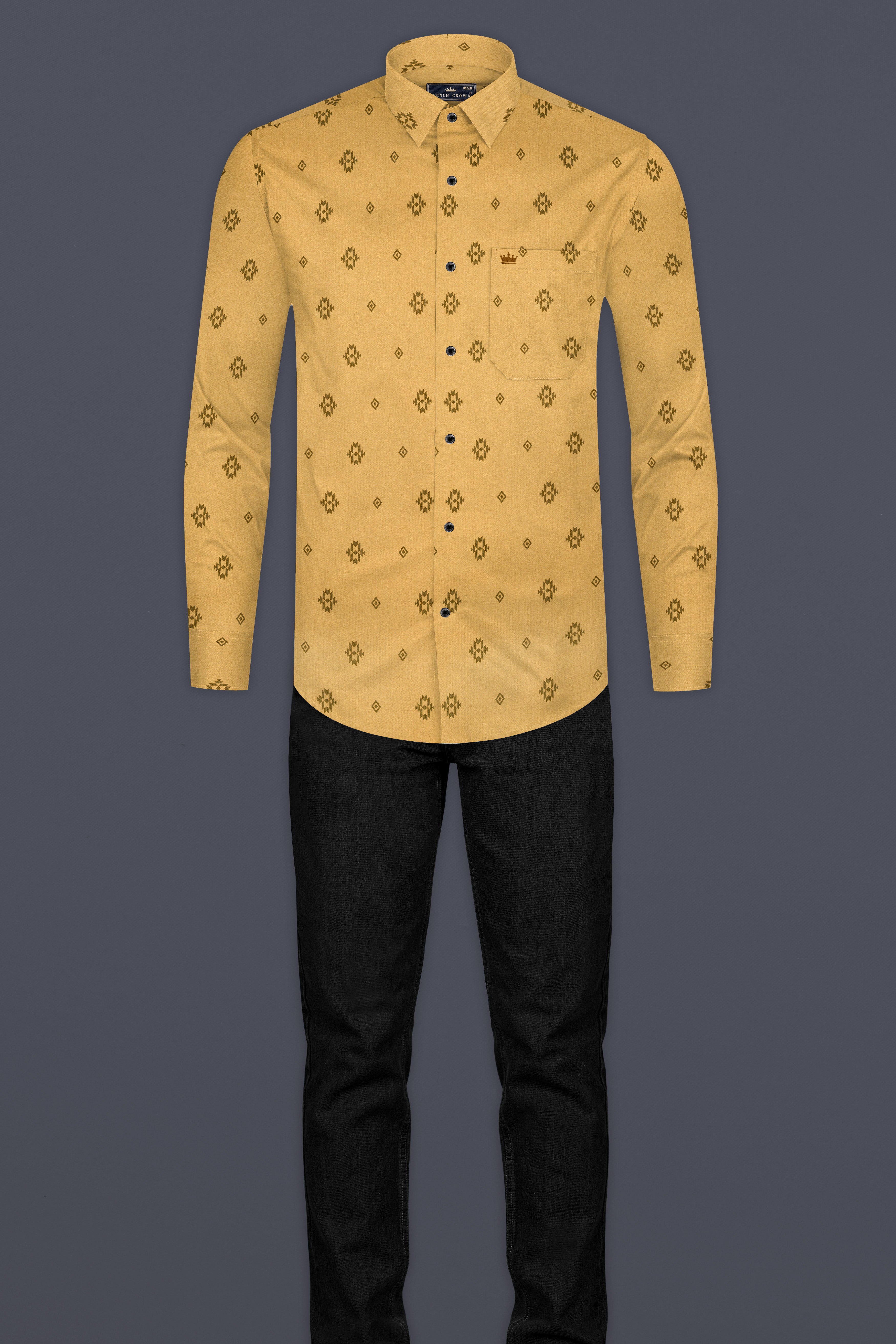 Tacao Yellow Printed Corduroy Designer Shirt