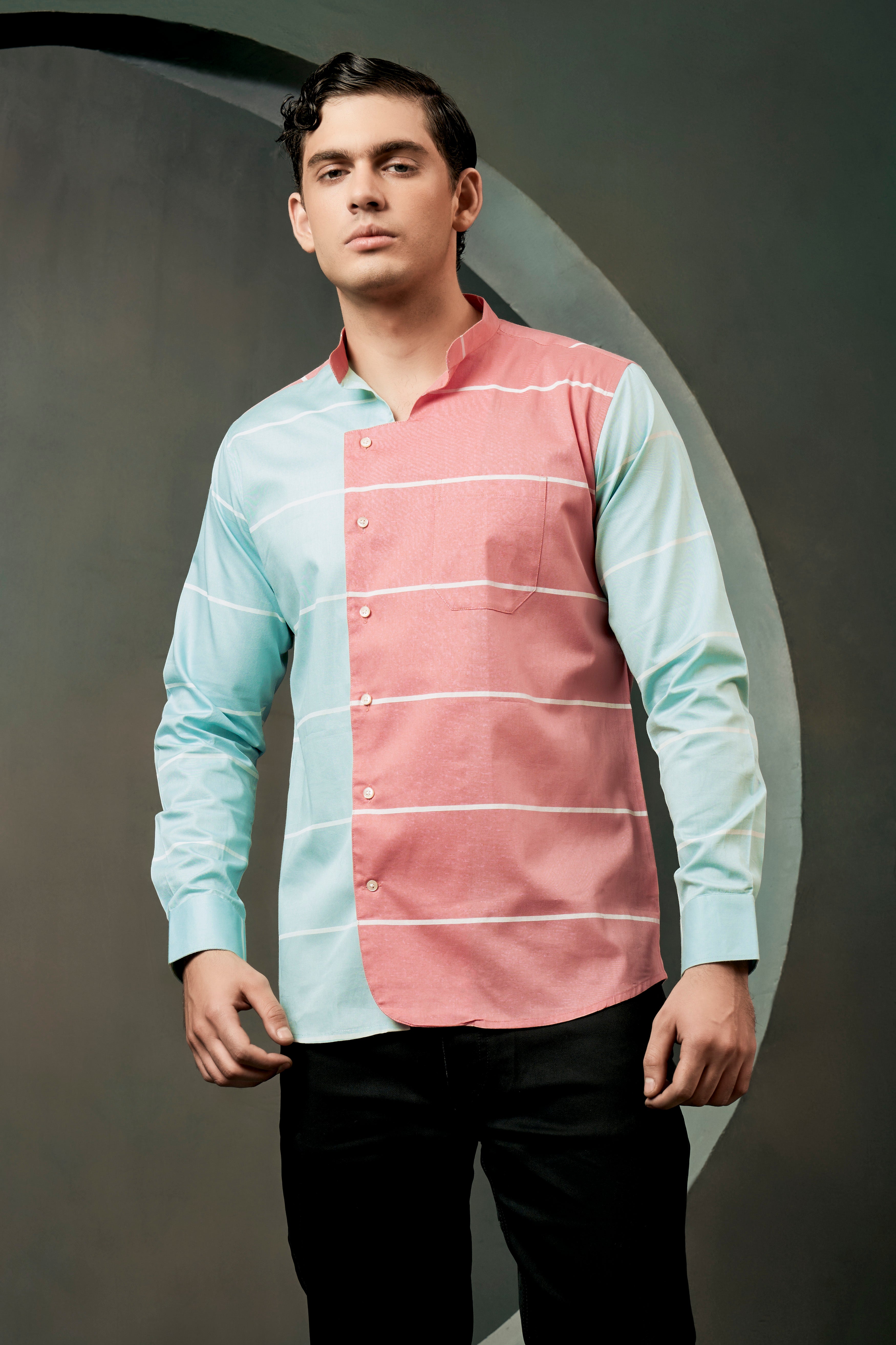 Bizarre Pink And Mercury Blue Striped Oxford Premium Cotton Designer Shirt