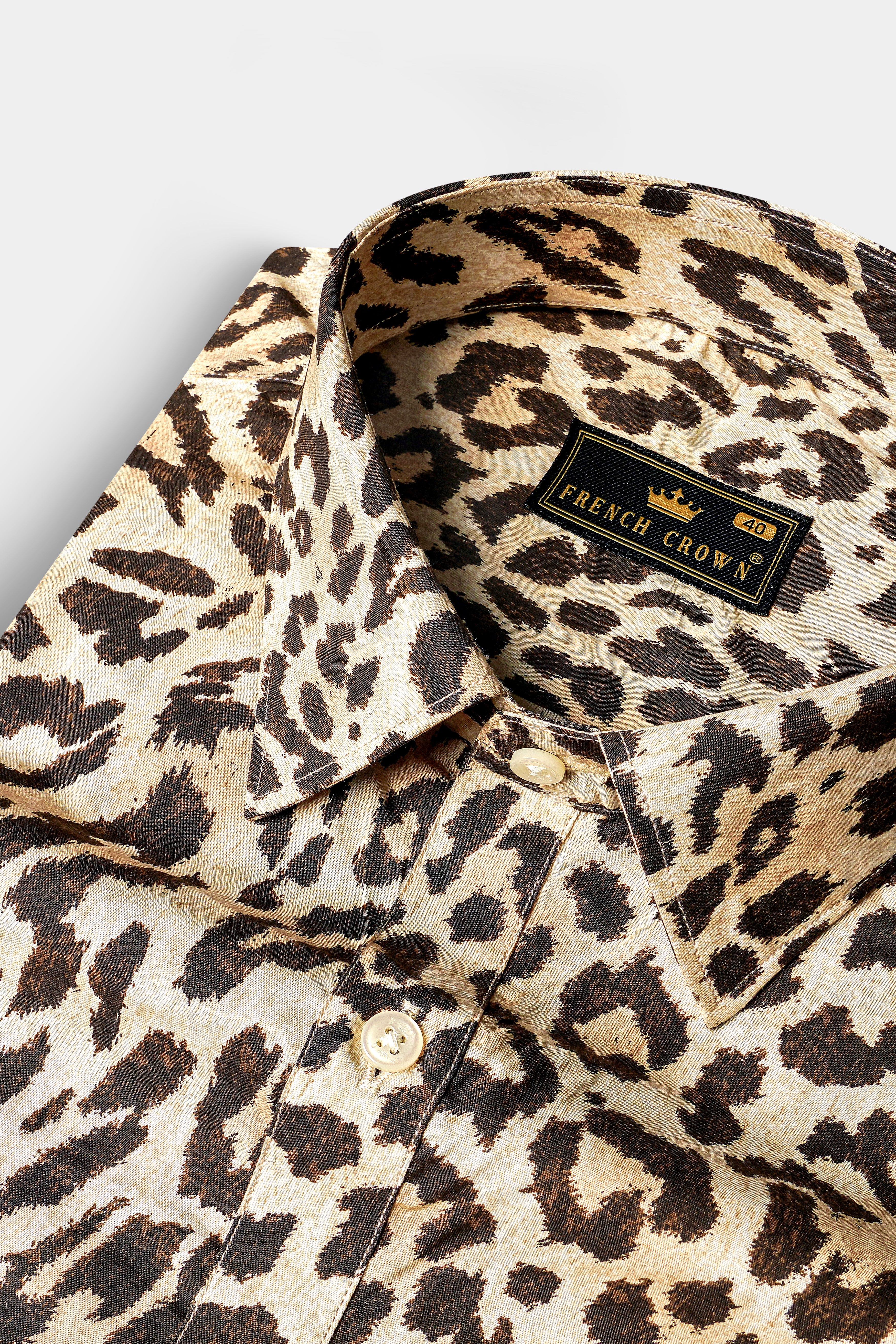 Marino Cream And Birch Brown cheetah Printed Premium Giza Cotton Designer Shirt