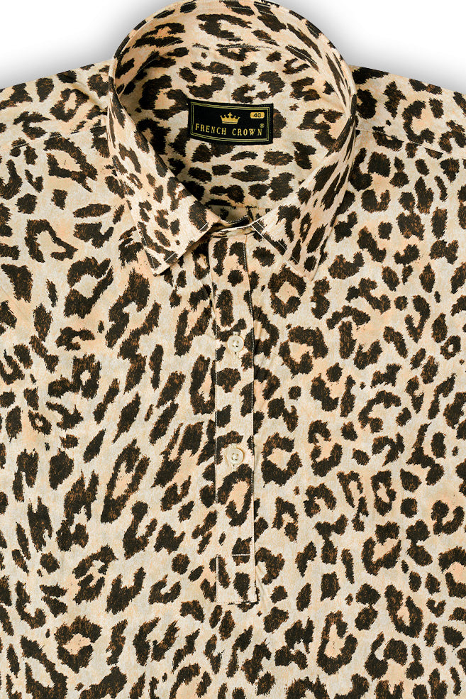 Marino Cream And Birch Brown cheetah Printed Premium Giza Cotton Designer Shirt