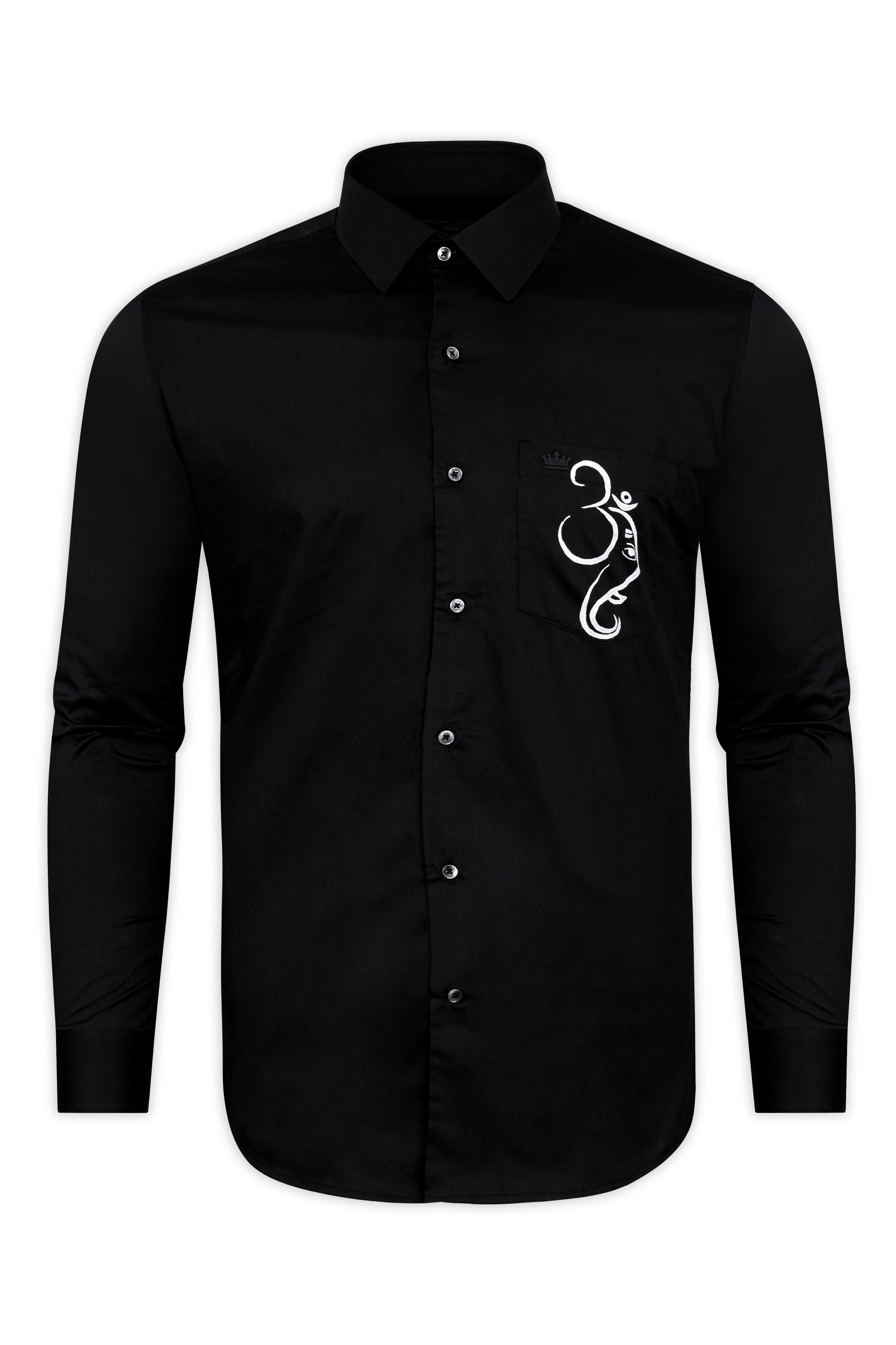 Jade Black with OM and Lord Ganesh Hand Painted Subtle Sheen Super Soft Premium Cotton Designer Shirt 1312-BLK-ART05-38, 1312-BLK-ART05-H-38, 1312-BLK-ART05-39, 1312-BLK-ART05-H-39, 1312-BLK-ART05-40, 1312-BLK-ART05-H-40, 1312-BLK-ART05-42, 1312-BLK-ART05-H-42, 1312-BLK-ART05-44, 1312-BLK-ART05-H-44, 1312-BLK-ART05-46, 1312-BLK-ART05-H-46, 1312-BLK-ART05-48, 1312-BLK-ART05-H-48, 1312-BLK-ART05-50, 1312-BLK-ART05-H-50, 1312-BLK-ART05-52, 1312-BLK-ART05-H-52