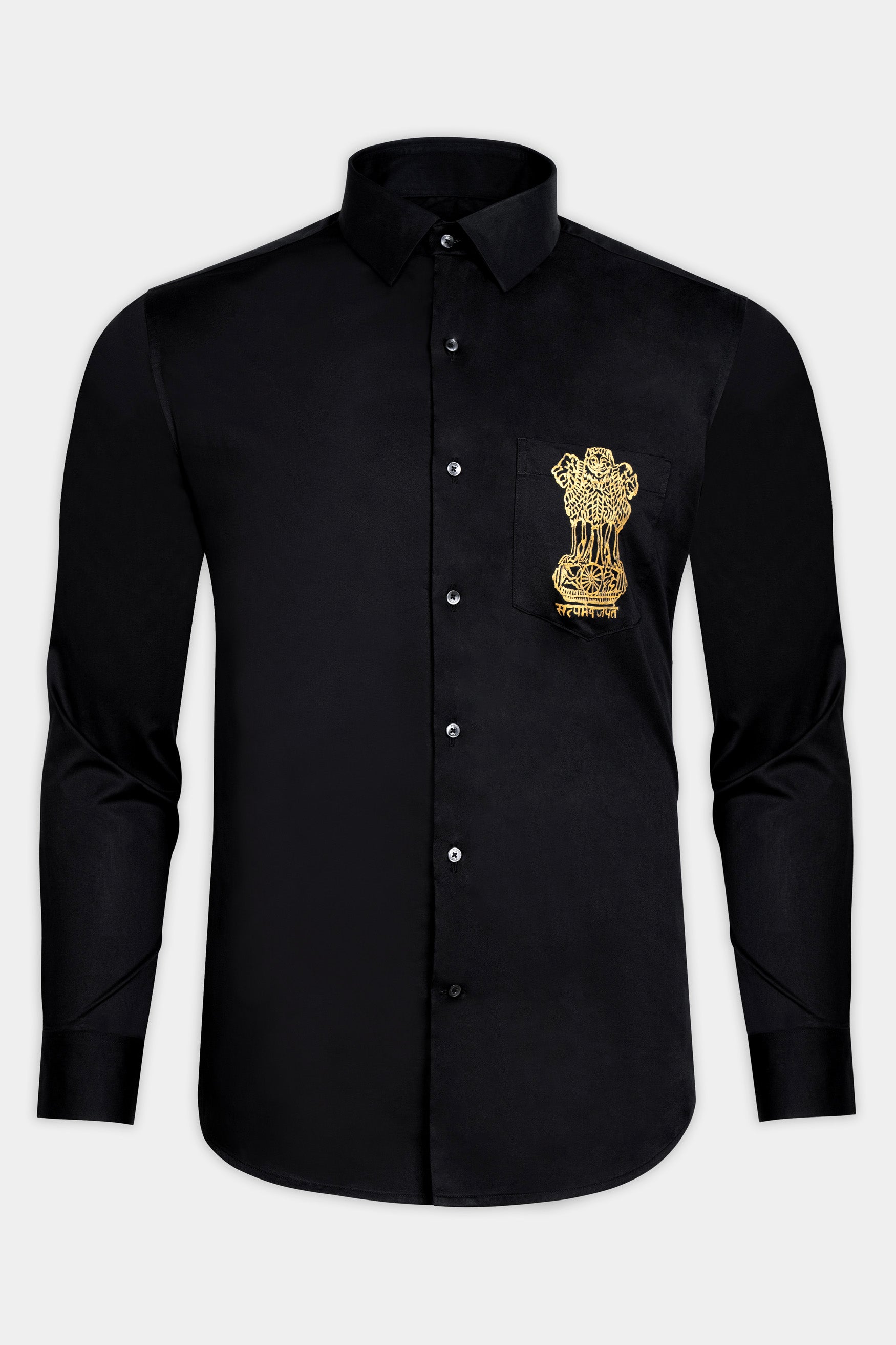 Jade Black Indian National Emblem Hand Painted Subtle Sheen Super Soft Premium Cotton Designer Shirt