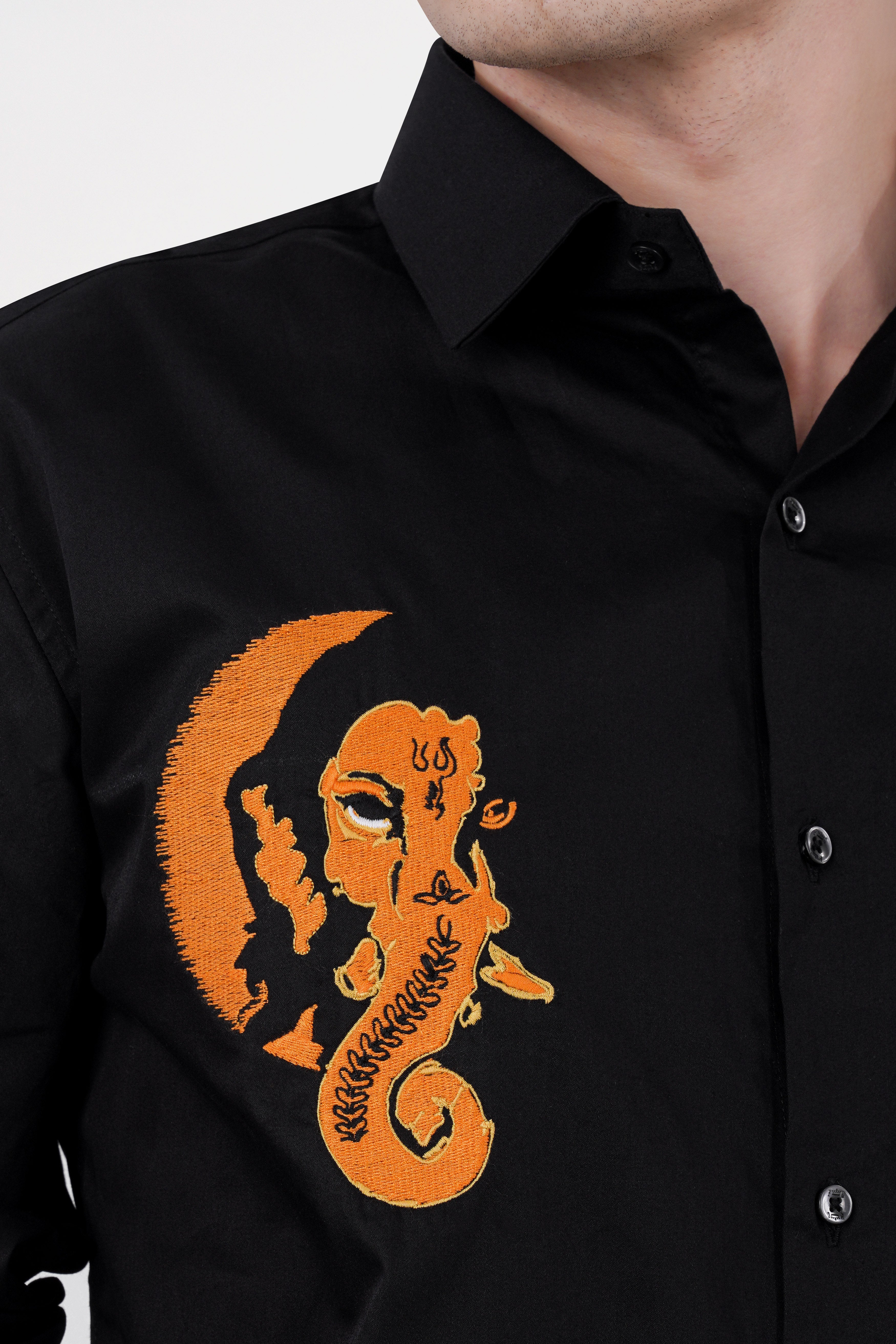 Jade Black Lord Ganesha Embroidered Subtle Sheen Super Soft Premium Cotton Designer Shirt