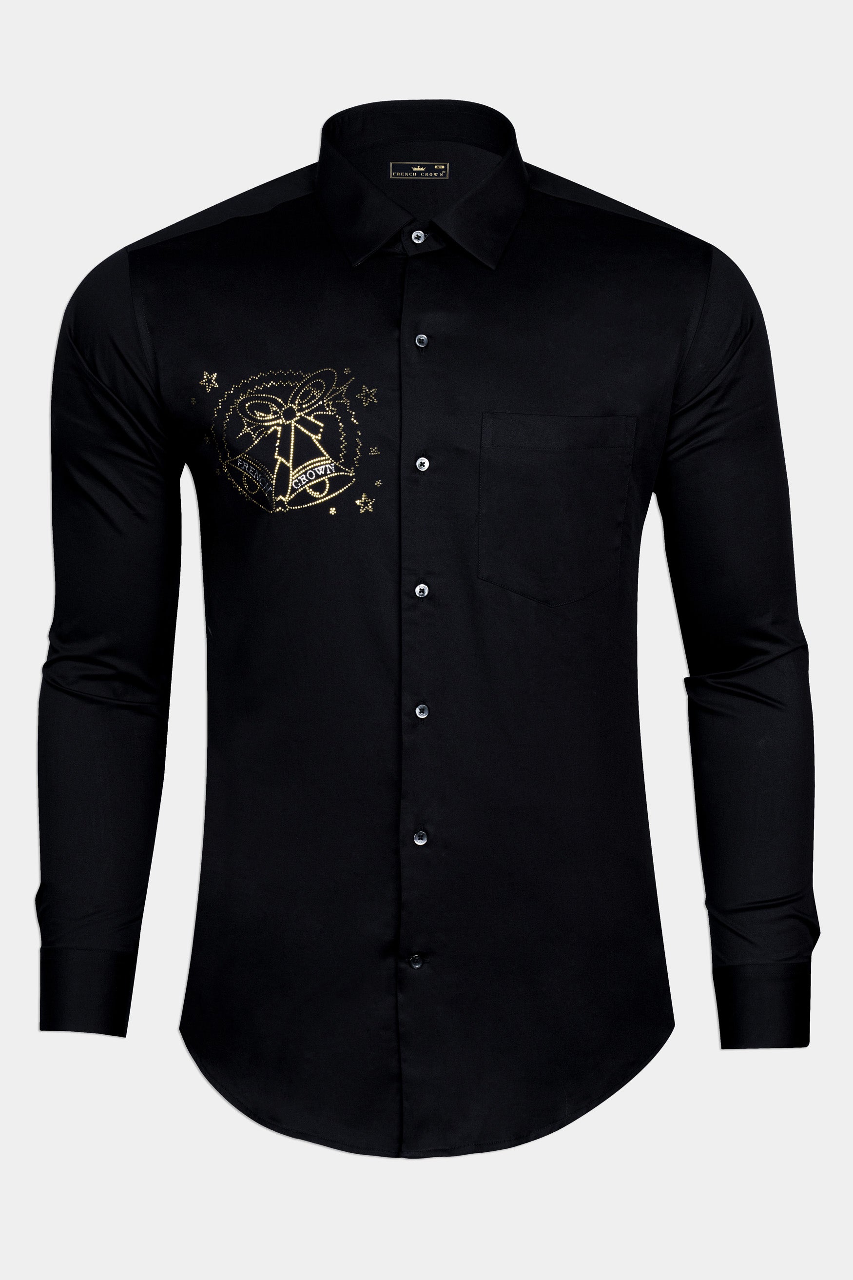 Jade Black Christmas Bells Hotfix Subtle Sheen Super Soft Premium Cotton Designer Shirt