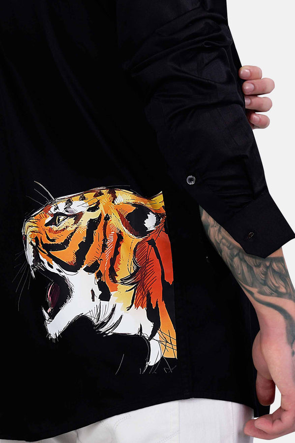 Jade Black Tiger Embroidered Subtle Sheen Super Soft Premium Cotton Designer Shirt