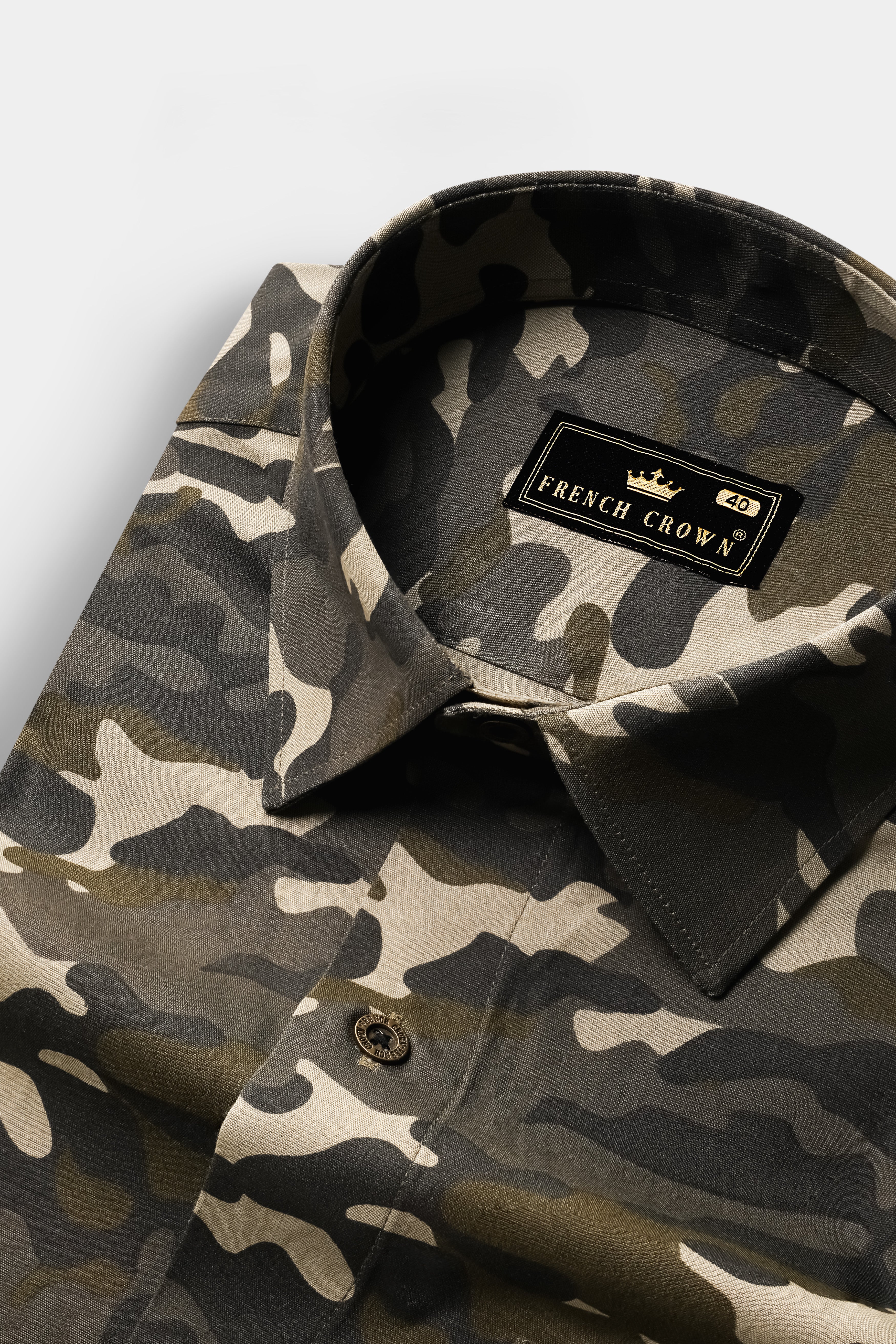 Birch Brown And Pavlova Cream Camouflage Military Printed Oxford Premium Cotton Designer Overshirt/Shacket