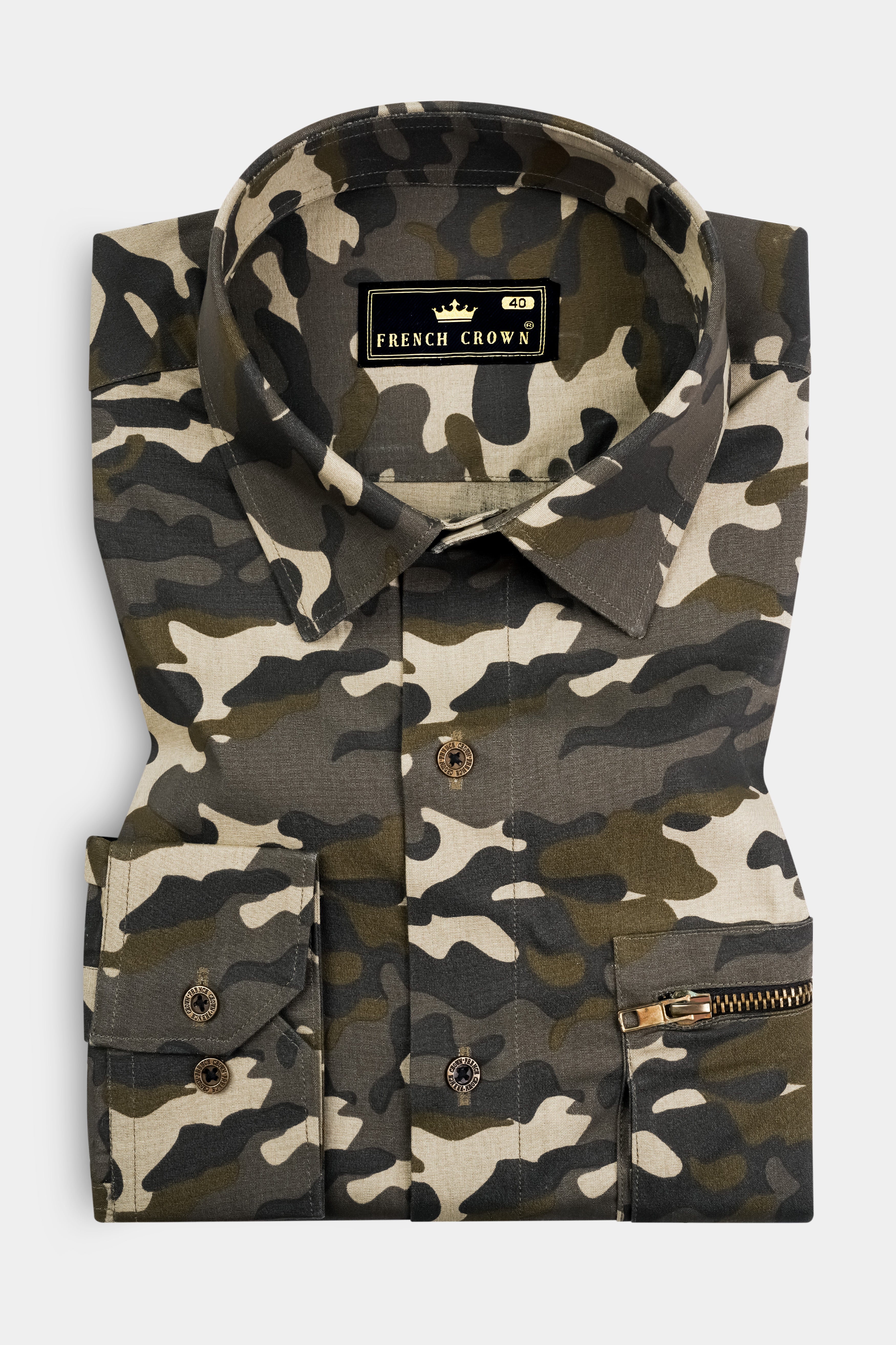 Birch Brown And Pavlova Cream Camouflage Military Printed Oxford Premium Cotton Designer Overshirt/Shacket