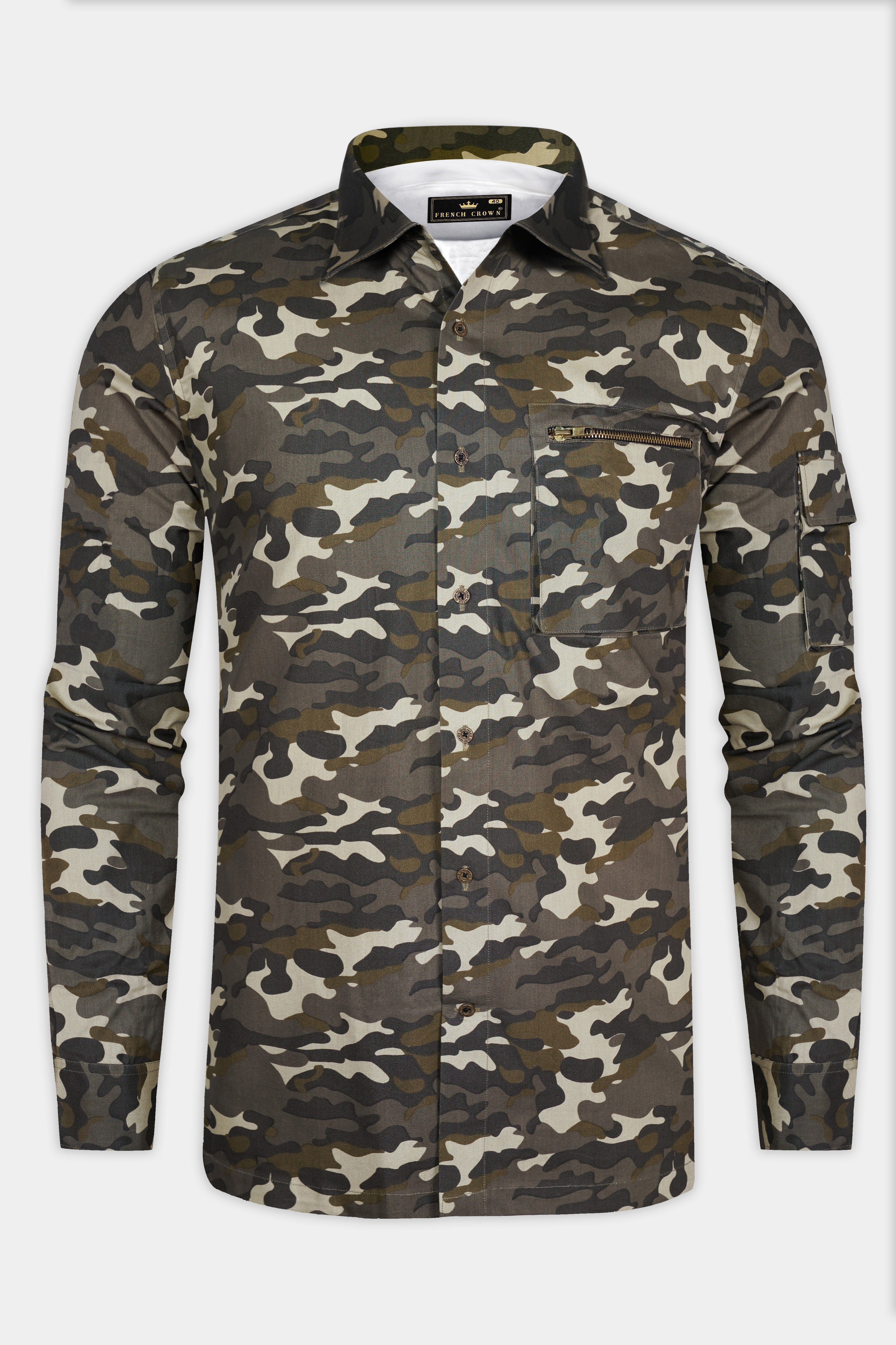 Birch Brown And Pavlova Cream Camouflage Military Printed Oxford Premium Cotton Designer Overshirt/Shacket