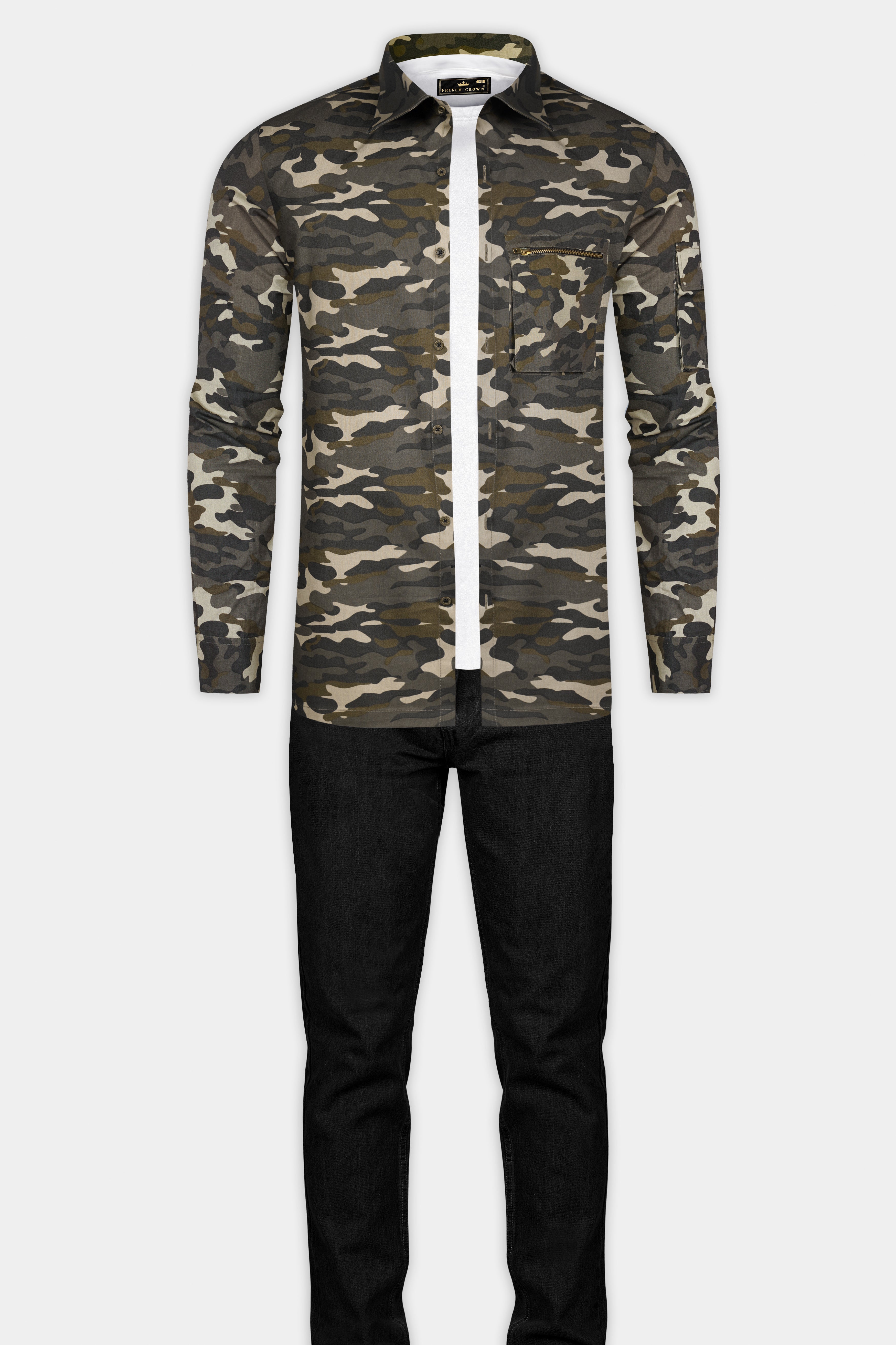 Birch Brown And Pavlova Cream Camouflage Military Printed Oxford Premium Cotton Designer Overshirt/Shacket