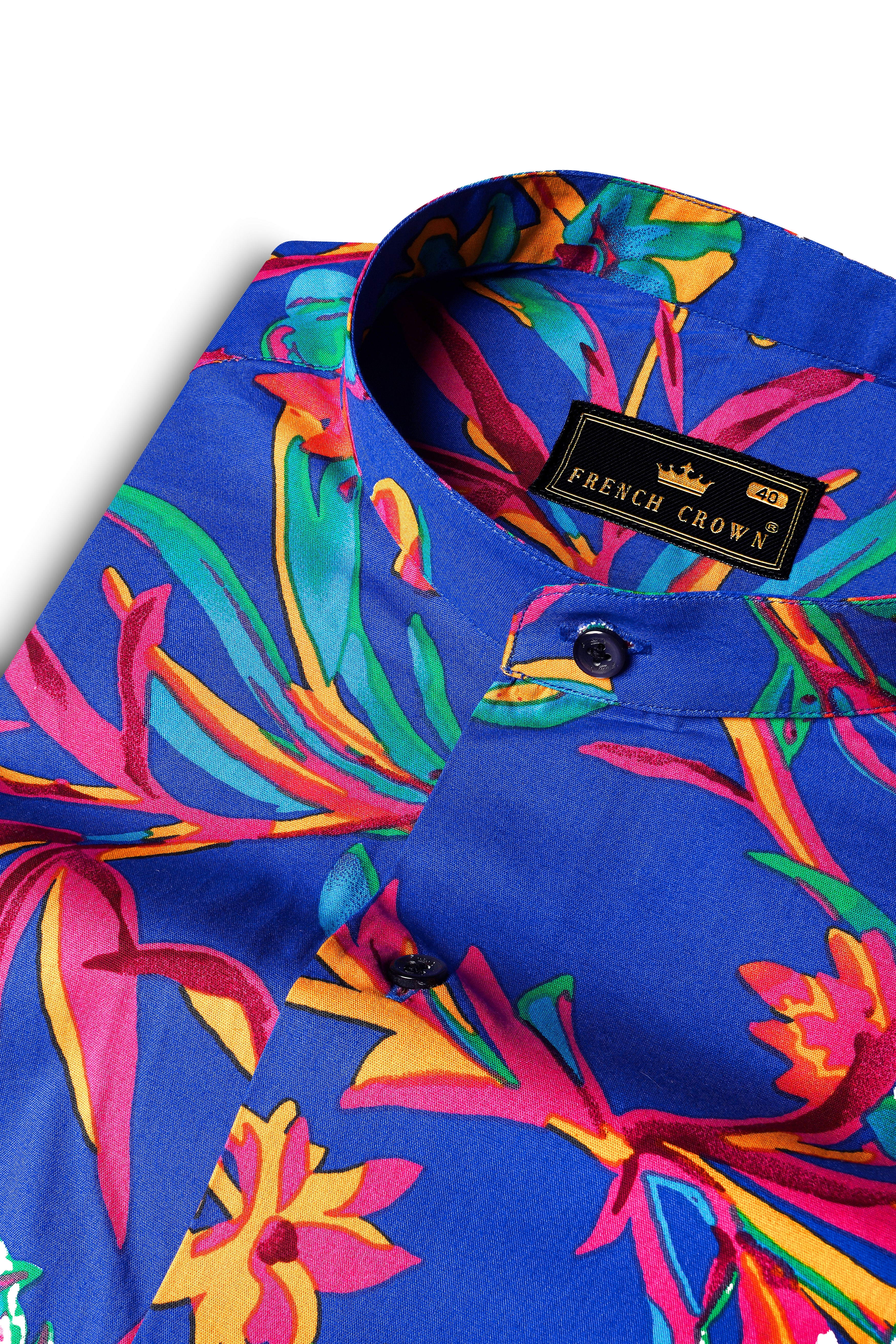 Sapphire Blue And Cerise Rose Floral Printed Premium Giza Cotton Shirt