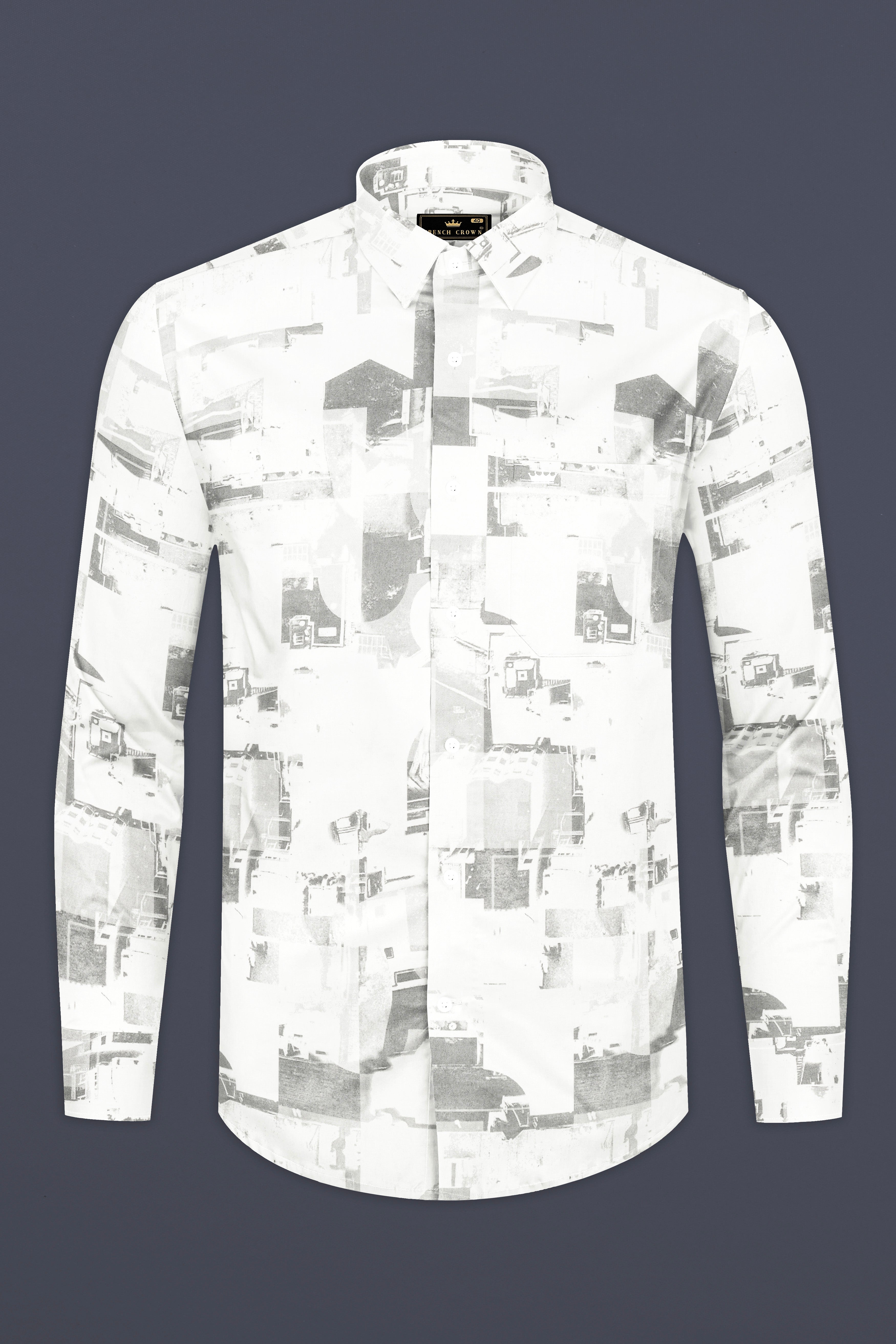 Bright White And Flint Gray Abstract Printed Subtle Sheen Super Soft Premium Cotton Shirt