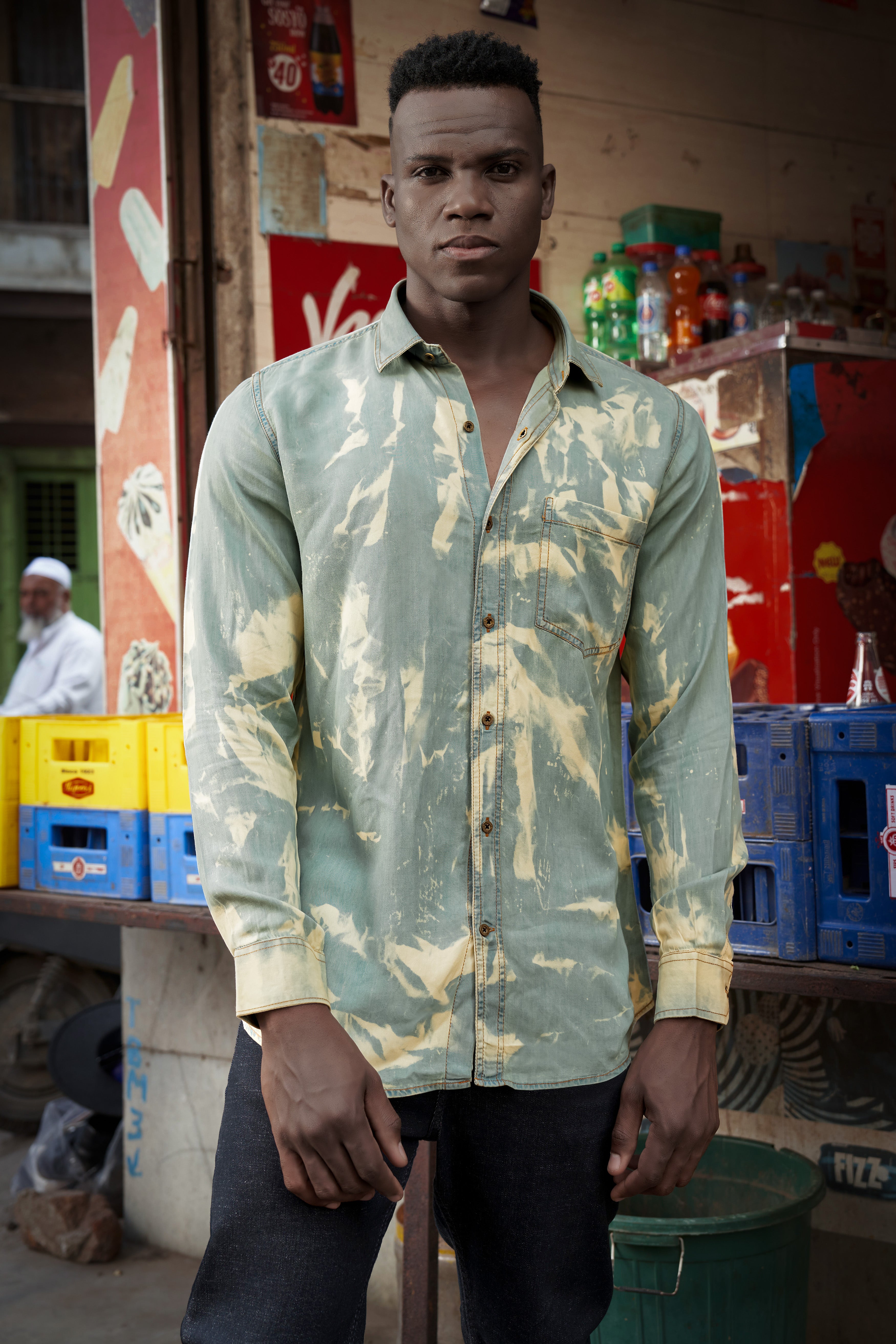 Mist Swirl-Pewter Gray And Scotch Cream Tie-Dye Printed Tencel Denim Casual Shirt