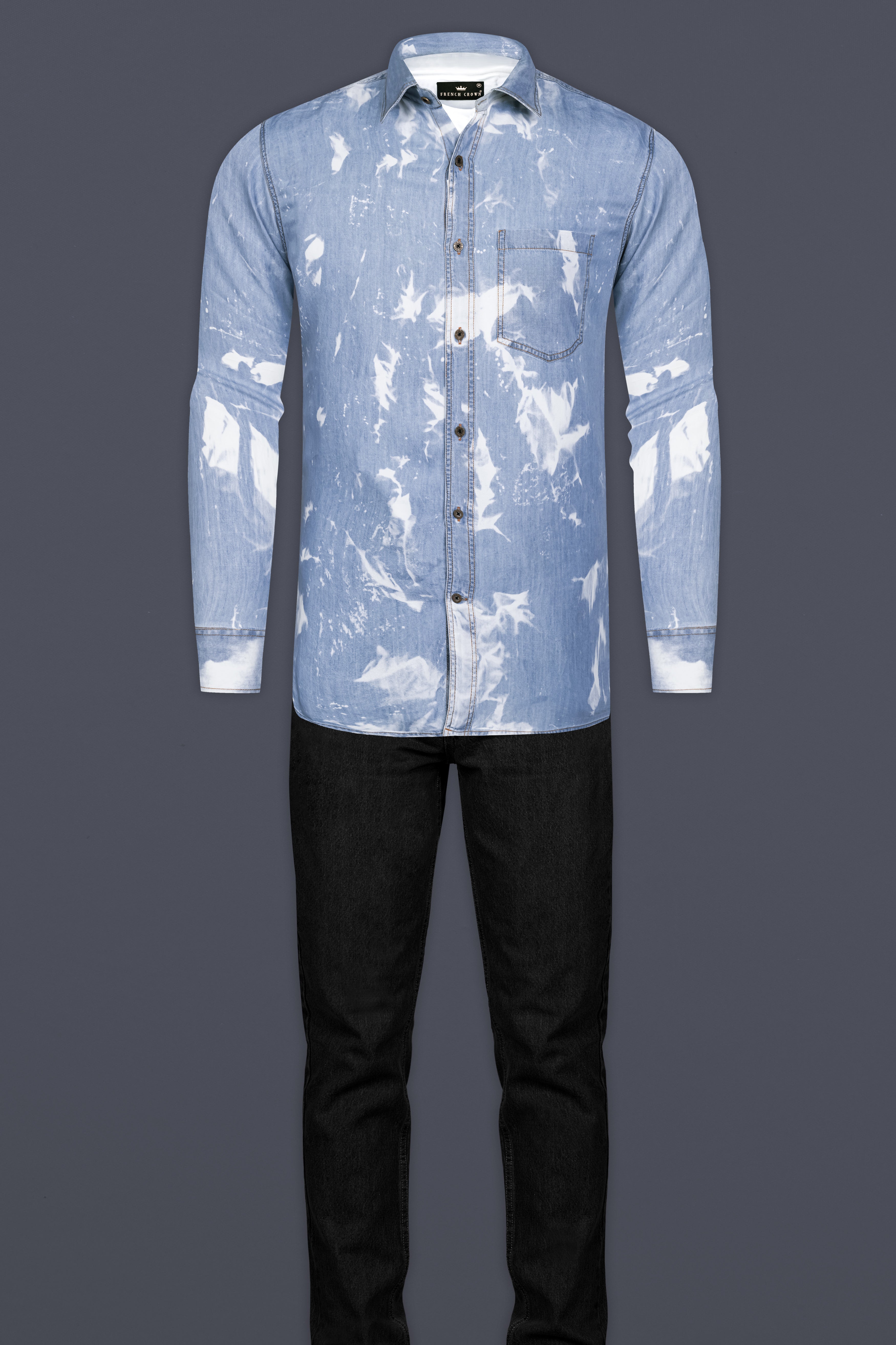 Wild Blue And Bright White Tie Dye Printed Super Soft Denim Premium Tencel Shirt