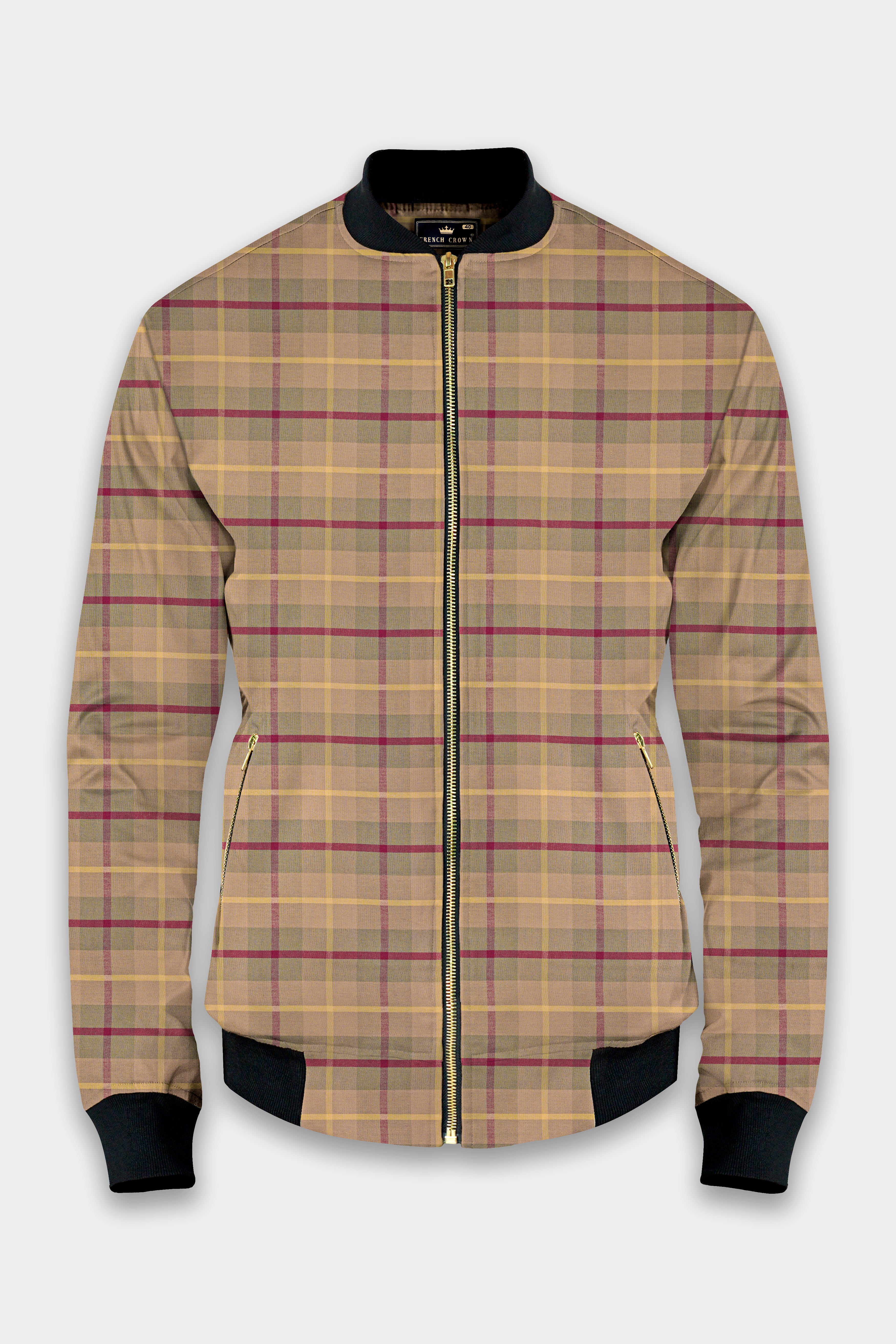 Tumbleweed Brown And Lotus Pink Plaid Premium Cotton Bomber Jacket