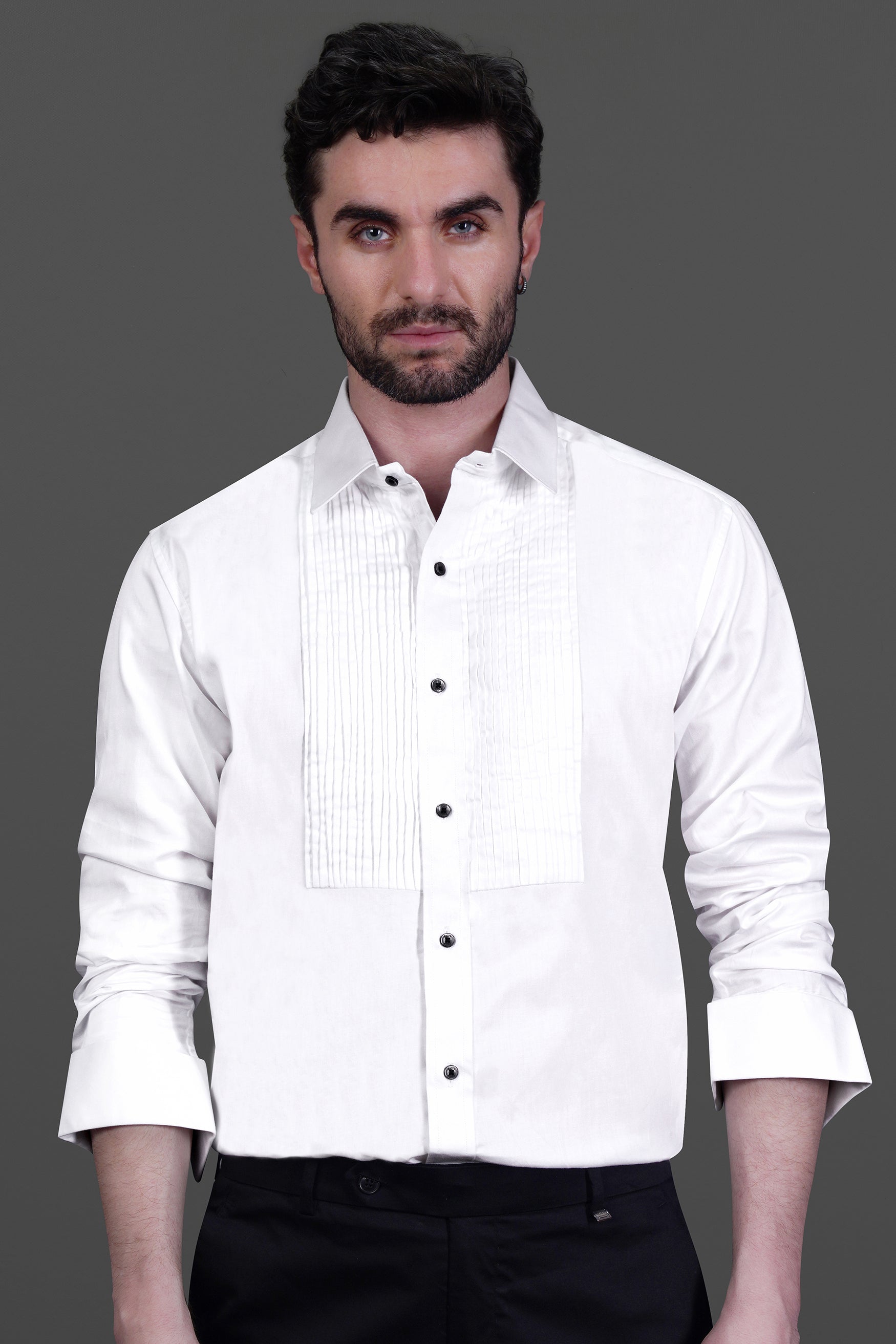 Bright White Formal Plain Solid Premium Rare Cotton Tuxedo Shirt