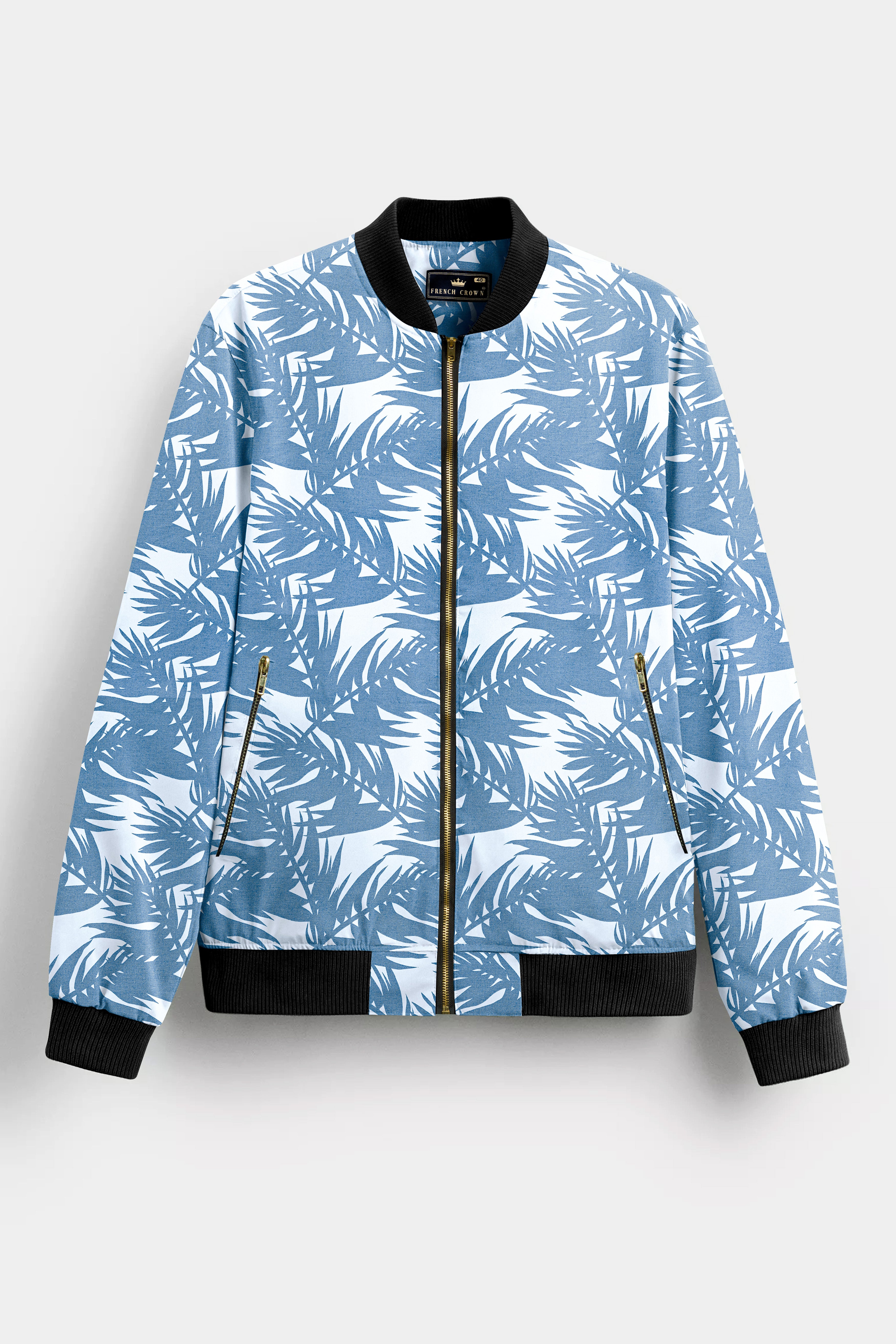 Pastel Blue Printed Premium Cotton Bomber Jacket