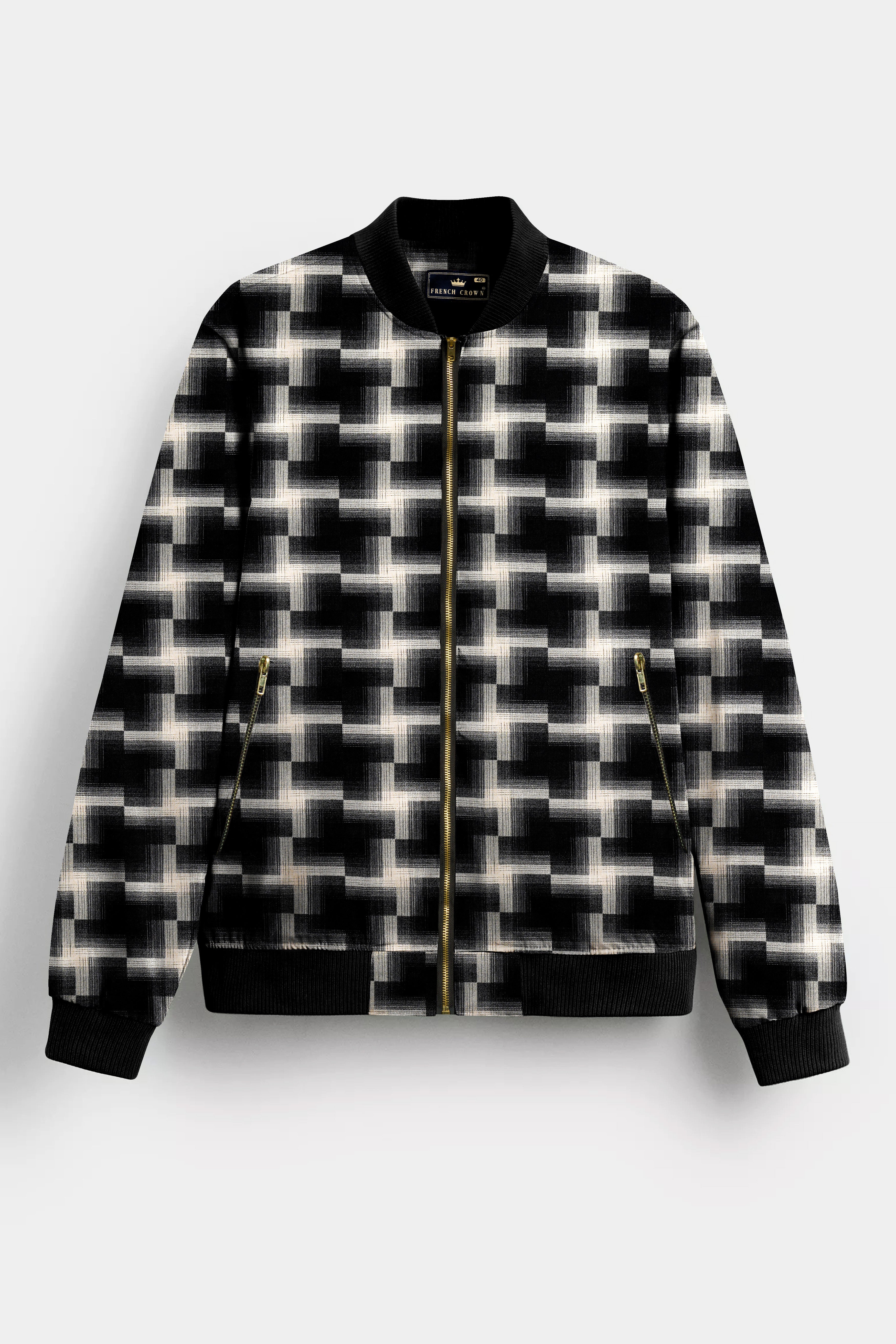 Jade Black And Almond Cream Printed Premium Wool Rich Bomber Jacket