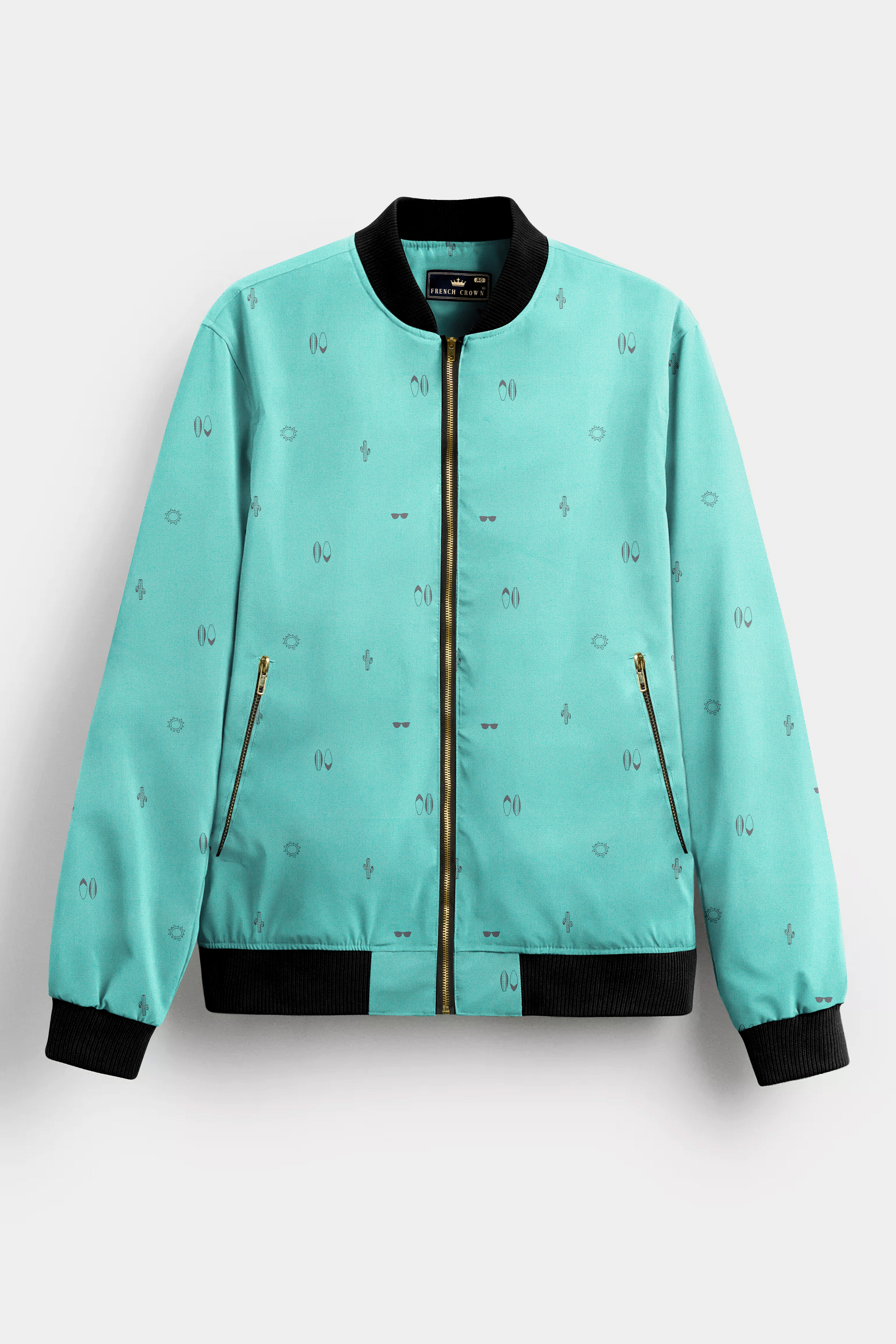 Seafoam Blue Printed Premium Cotton Bomber Jacket