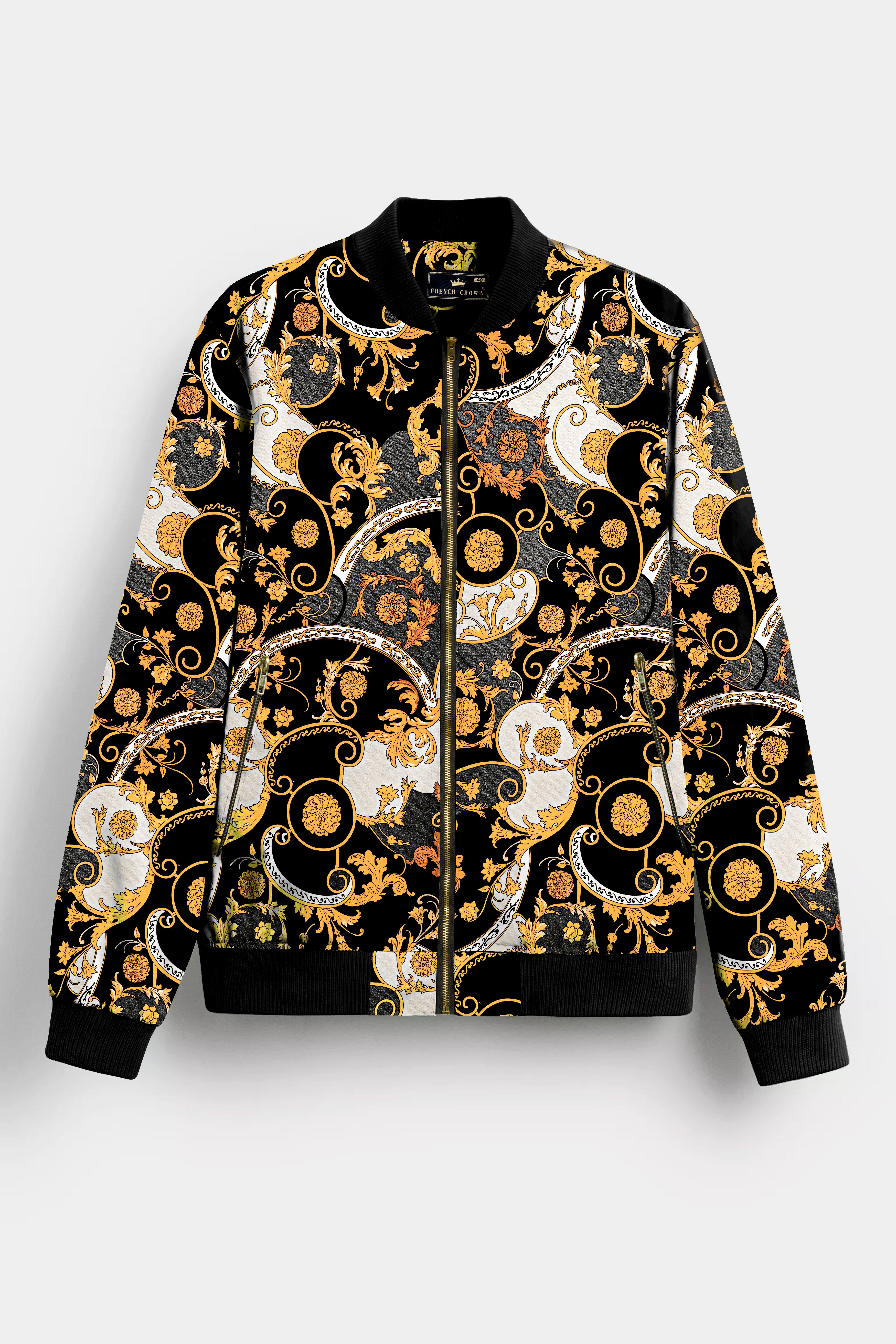 Jade Black And Macaroni Yellow Printed Premium Cotton Bomber Jacket