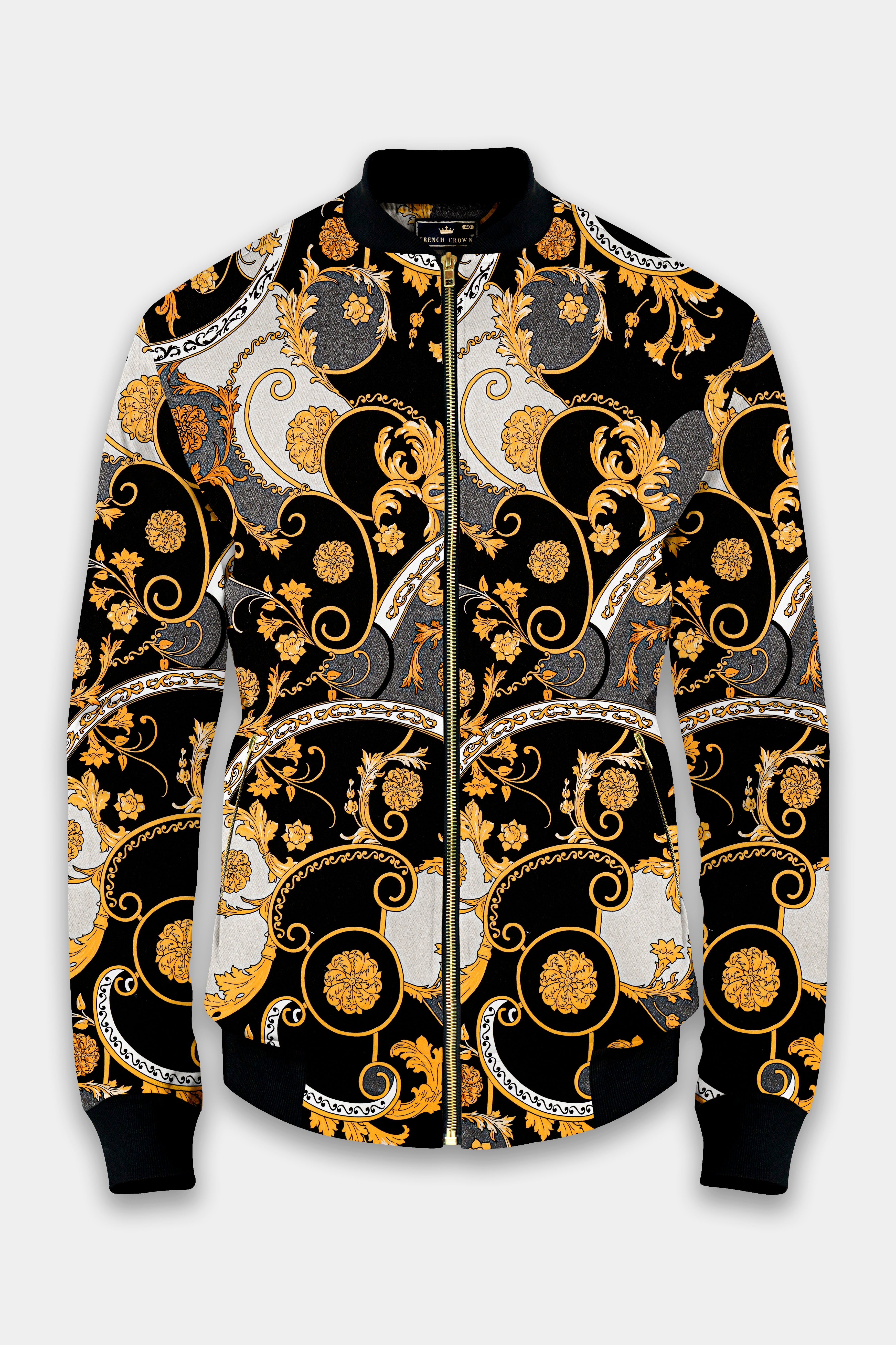 Jade Black And Macaroni Yellow Printed Premium Cotton Bomber Jacket