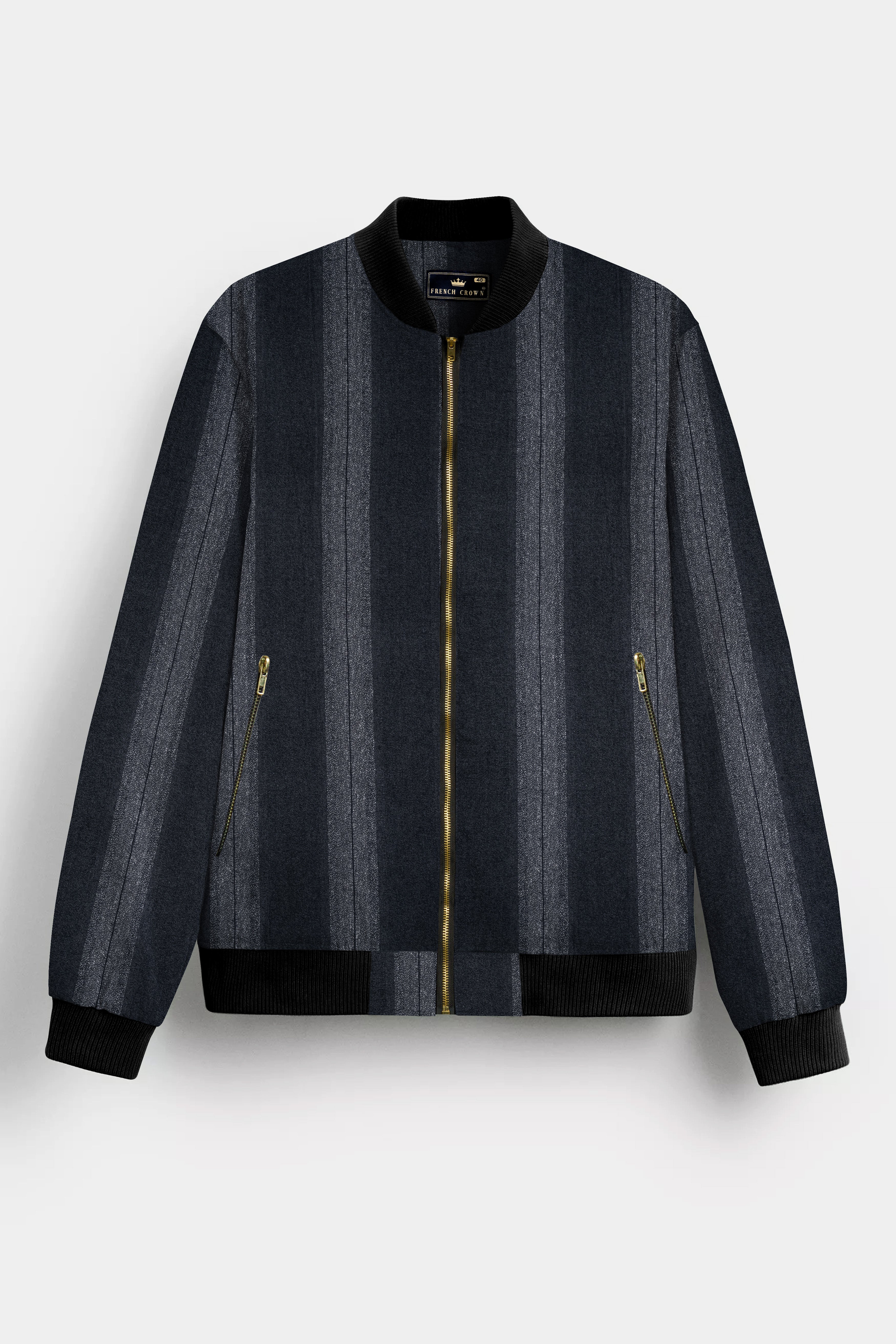 Shark Gray And Mobster Striped Premium Wool Rich Bomber Jacket