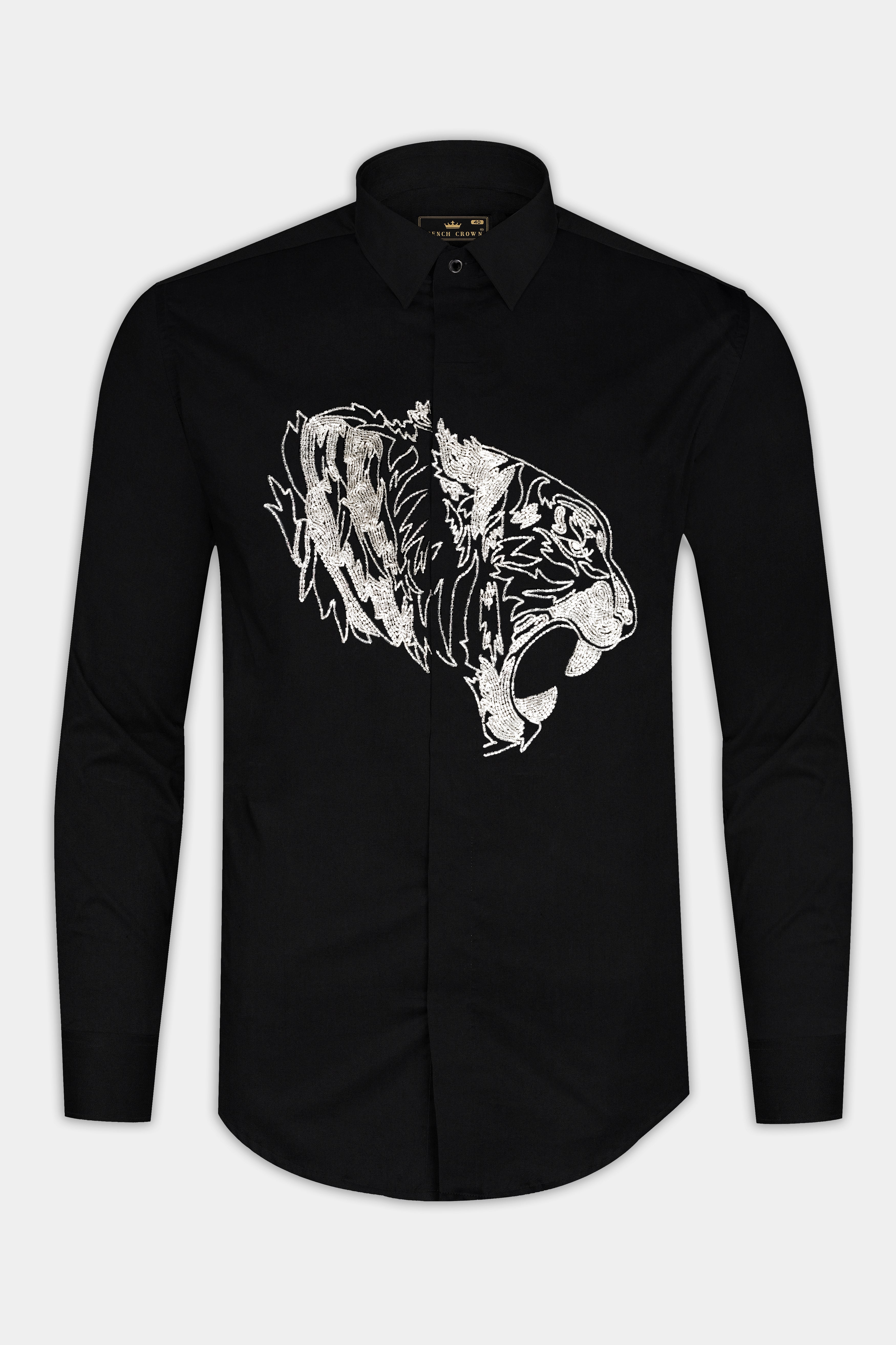 Jade Black Tiger Hand Stitched Embroidered Super Soft Premium Cotton Designer Shirt