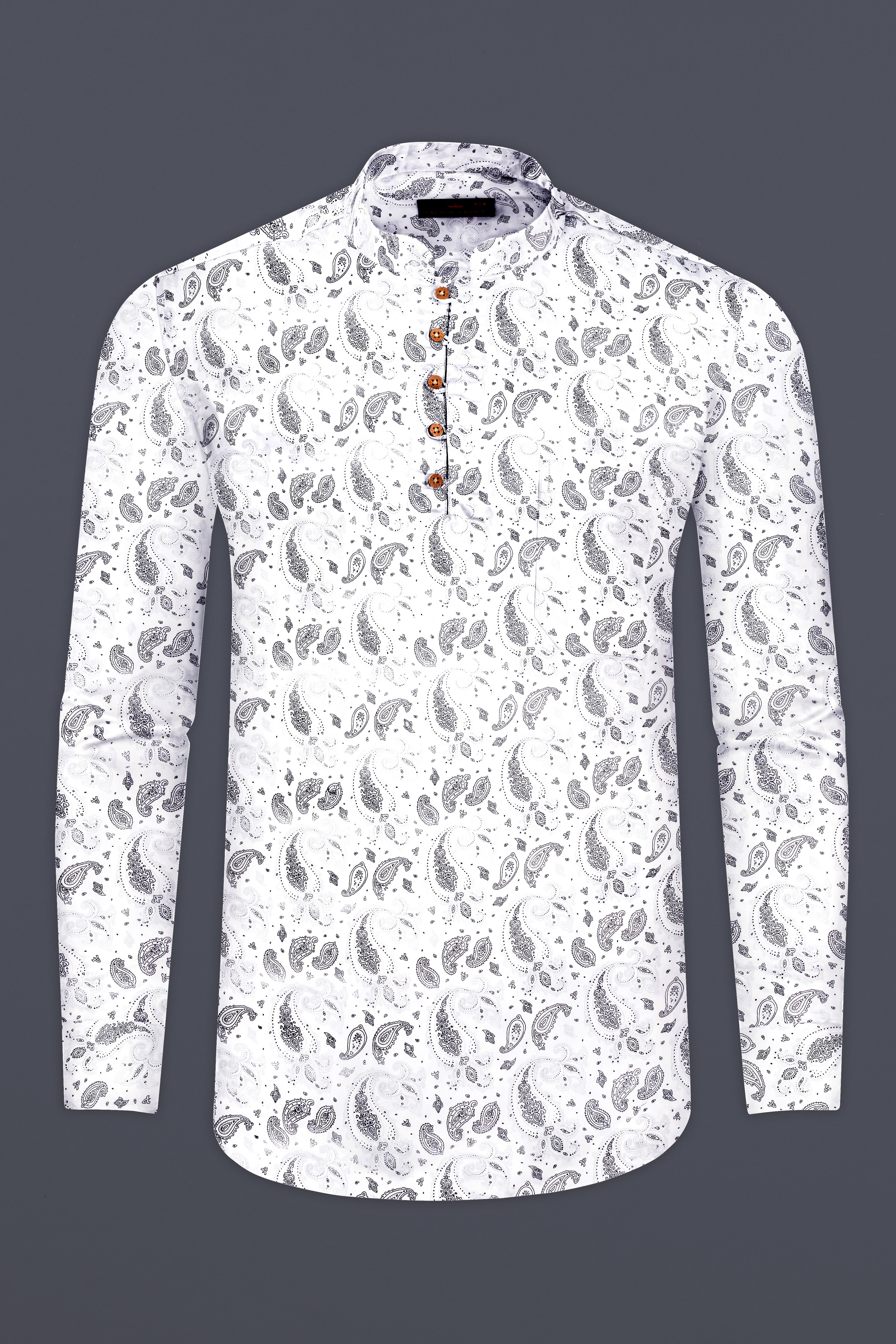 Bright White Paisleys Printed Subtle Sheen Super Soft Premium Cotton Kurta Shirt