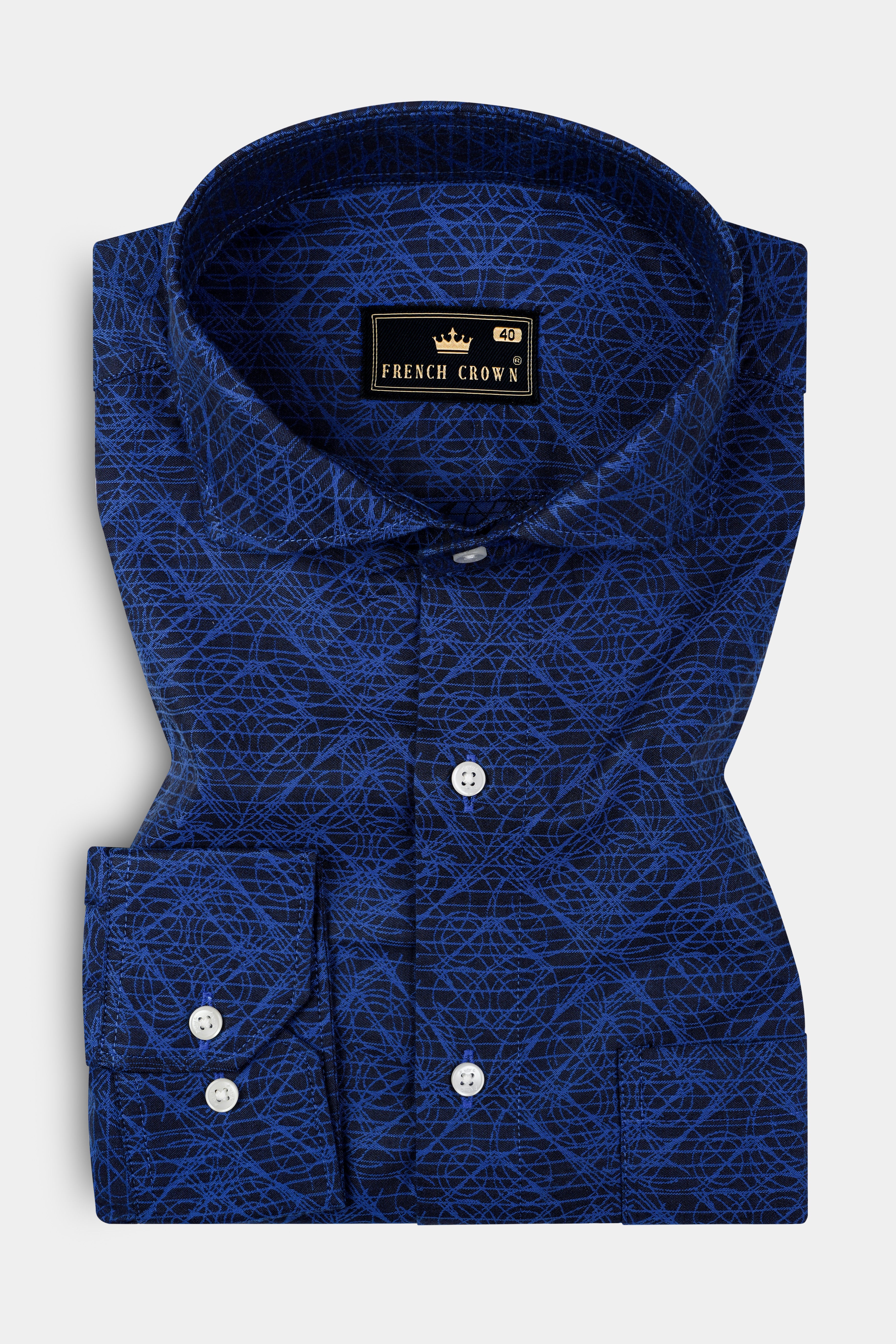 Bunting Blue Printed Jacquard Textured Premium Cotton Shirt