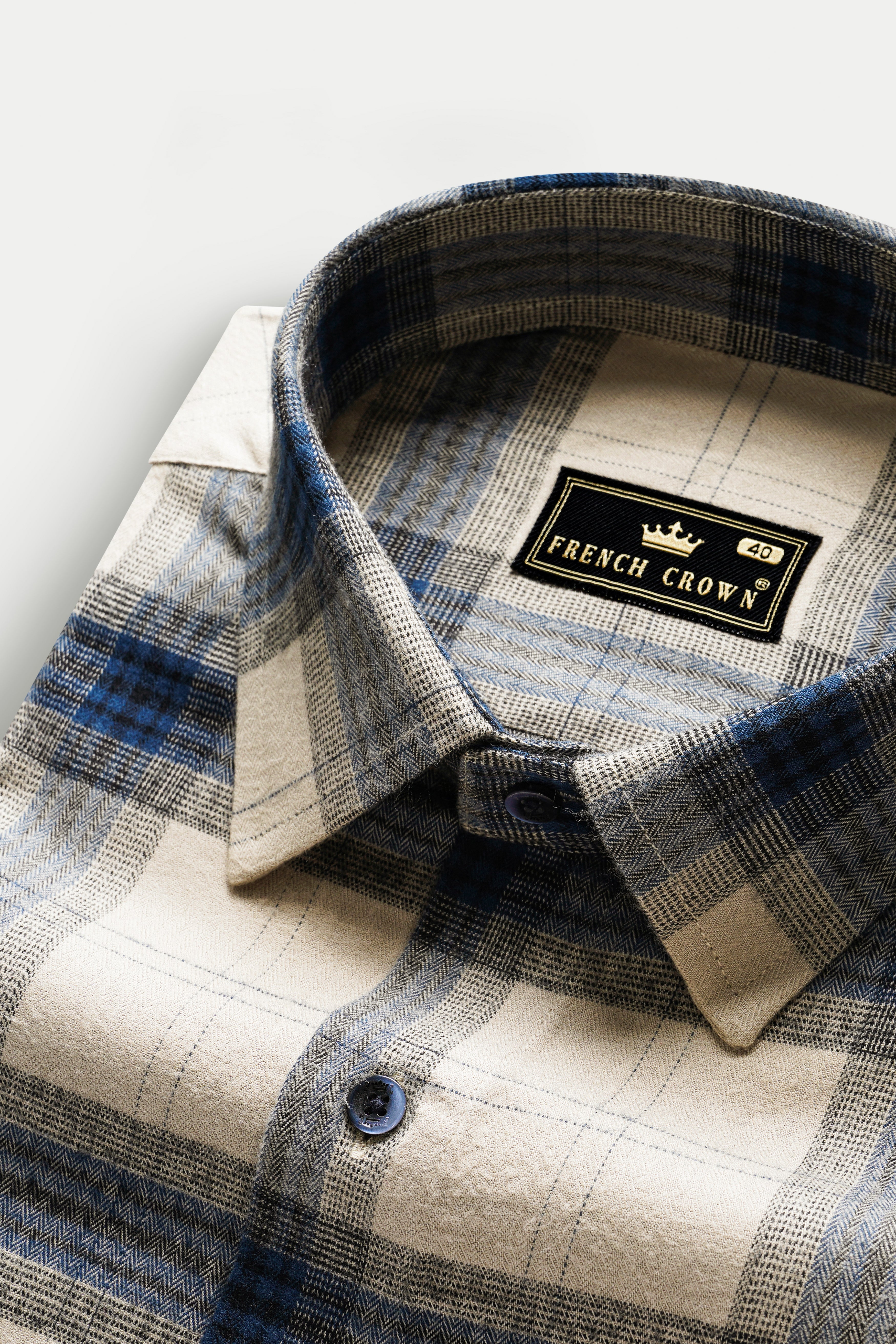 Sisal Cream And Astronaut Blue Plaid Herringbone Pattern Premium Cotton Shirt