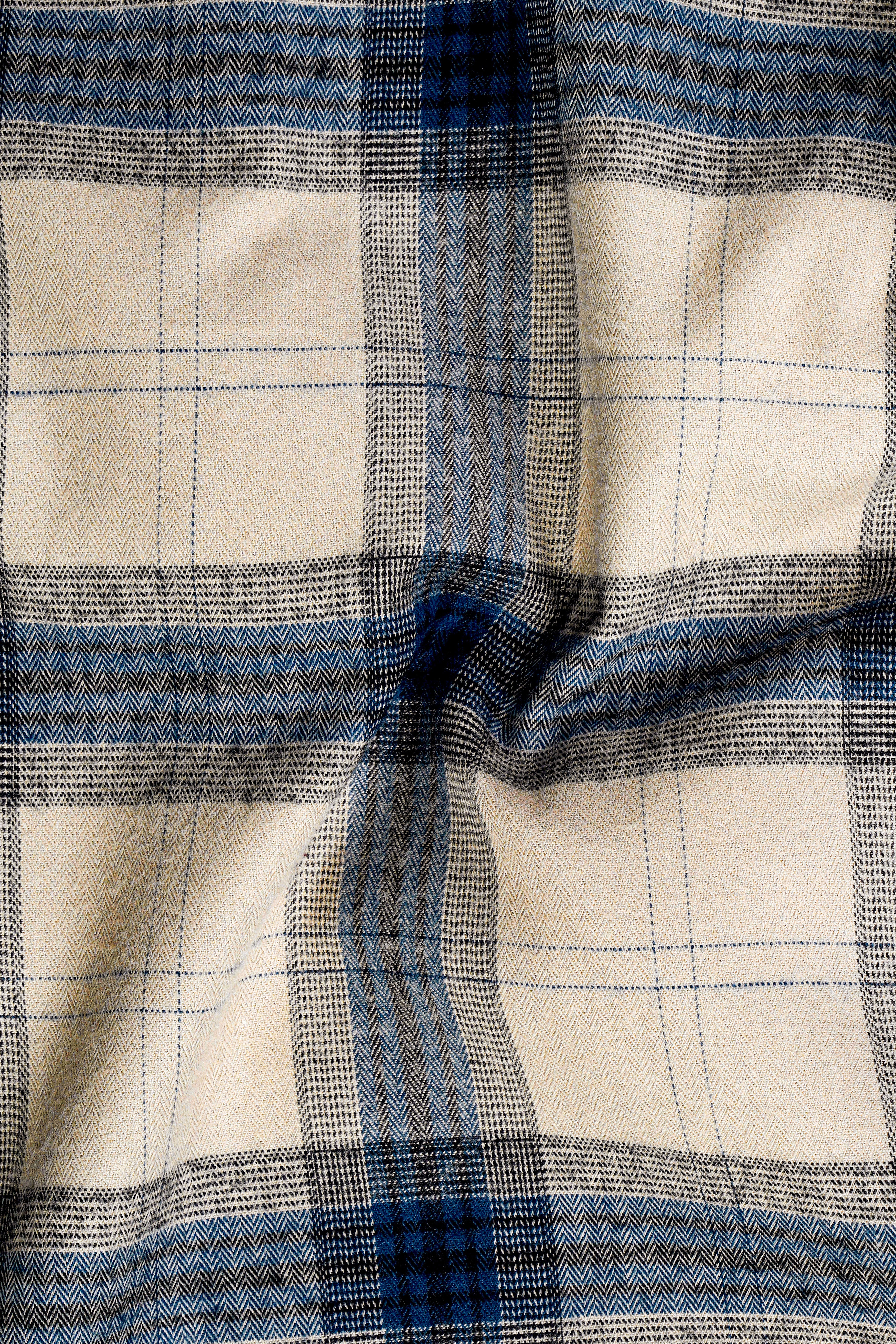 Sisal Cream And Astronaut Blue Plaid Herringbone Pattern Premium Cotton Shirt