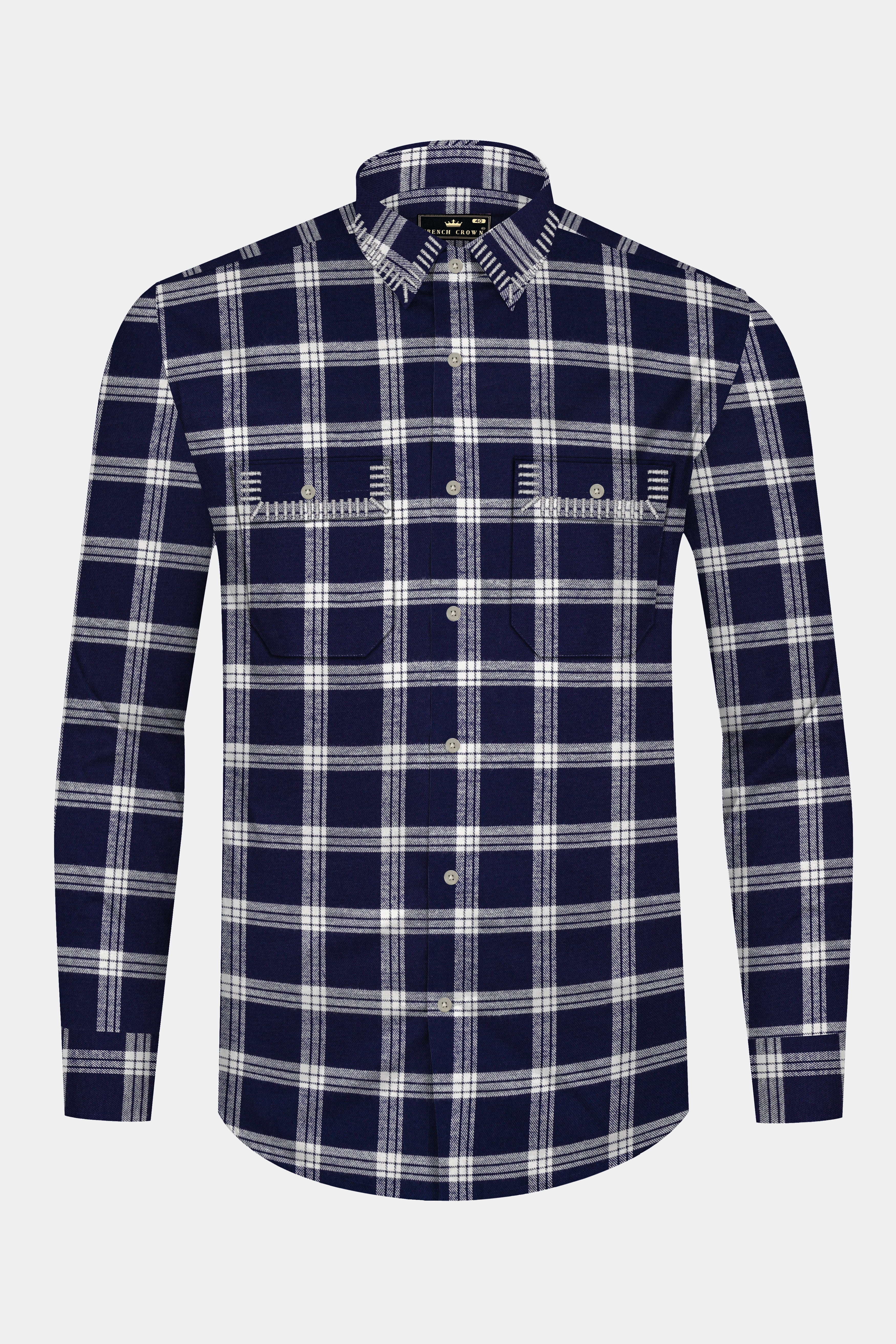 Fiord Blue And Bright White Plaid Flannel Premium Cotton Designer Overshirt/shacket