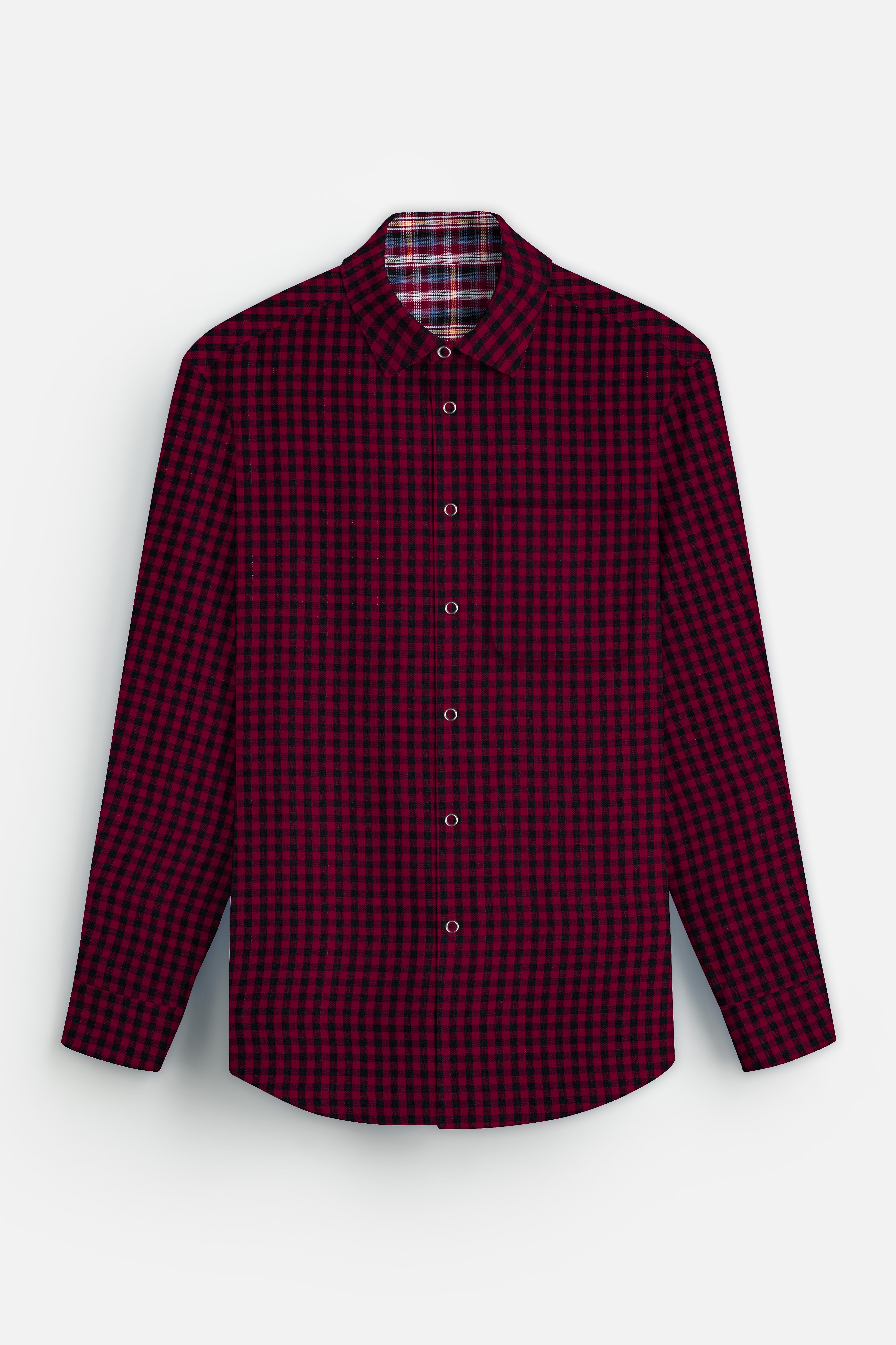 Cherrywood Red And Racing Blue Plaid Herringbone Pattern Premium Giza Cotton Reversible Shirt