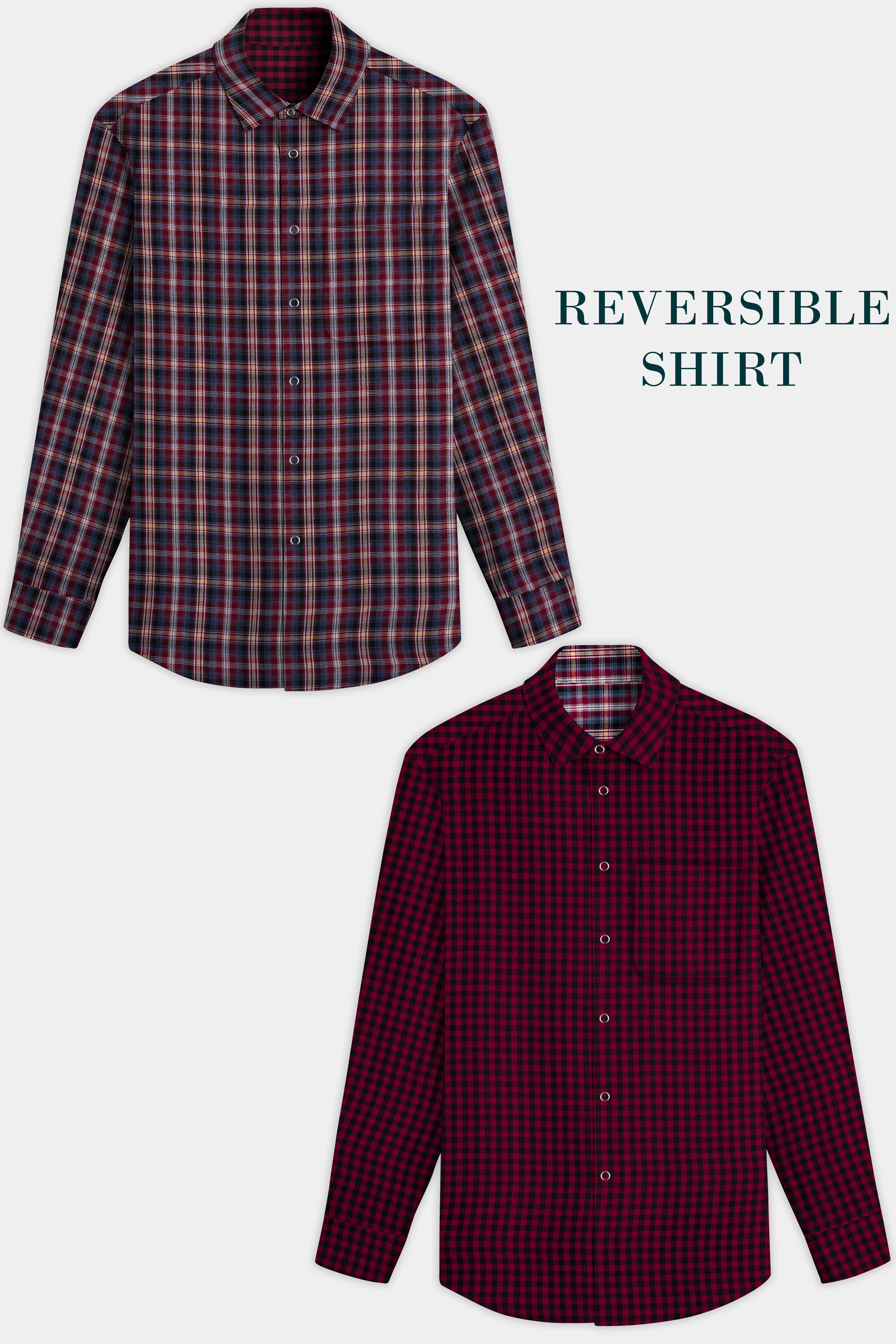 Cherrywood Red And Racing Blue Plaid Herringbone Pattern Premium Giza Cotton Reversible Shirt