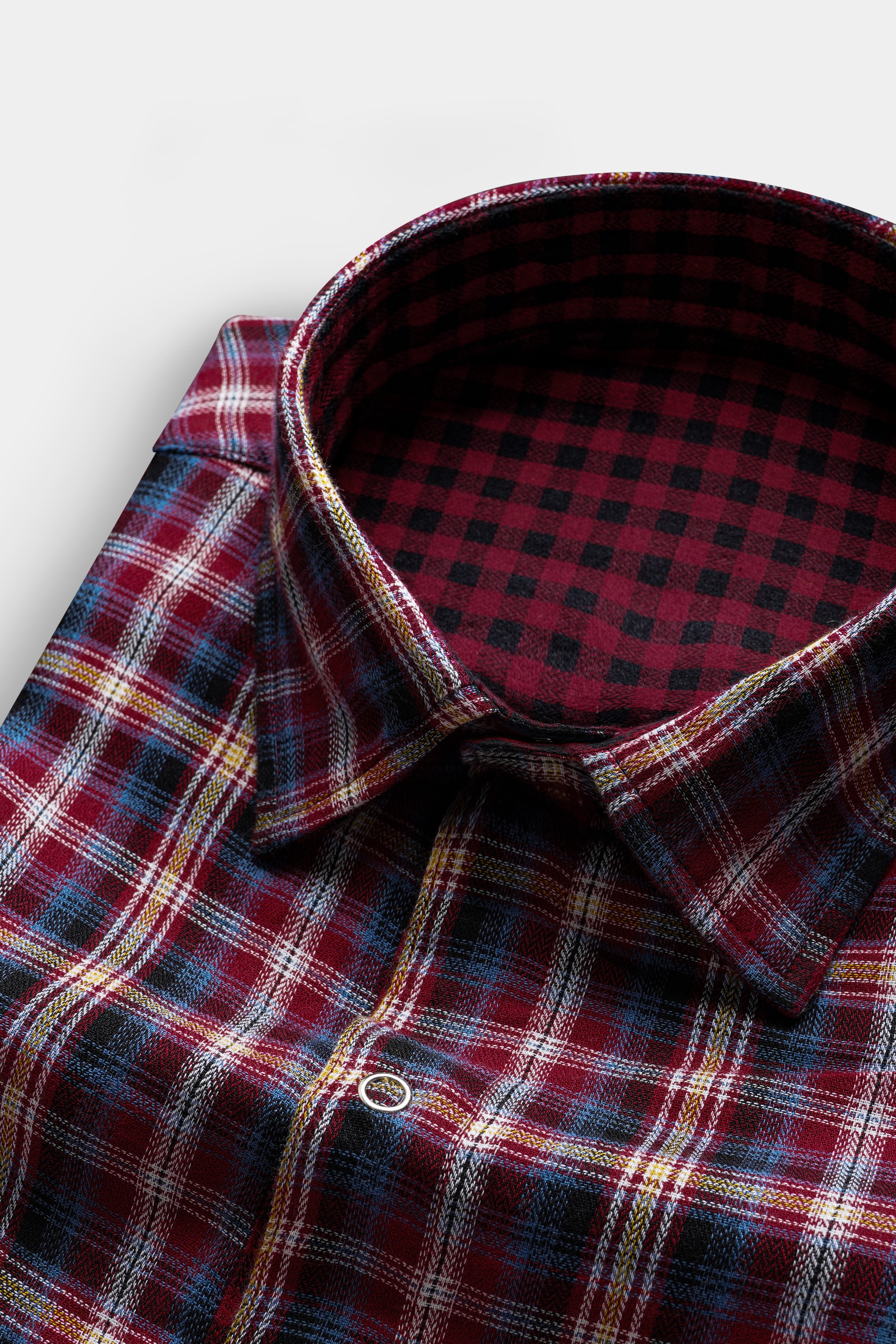 Cherrywood Red And Racing Blue Plaid Herringbone Pattern Premium Giza Cotton Reversible Shirt