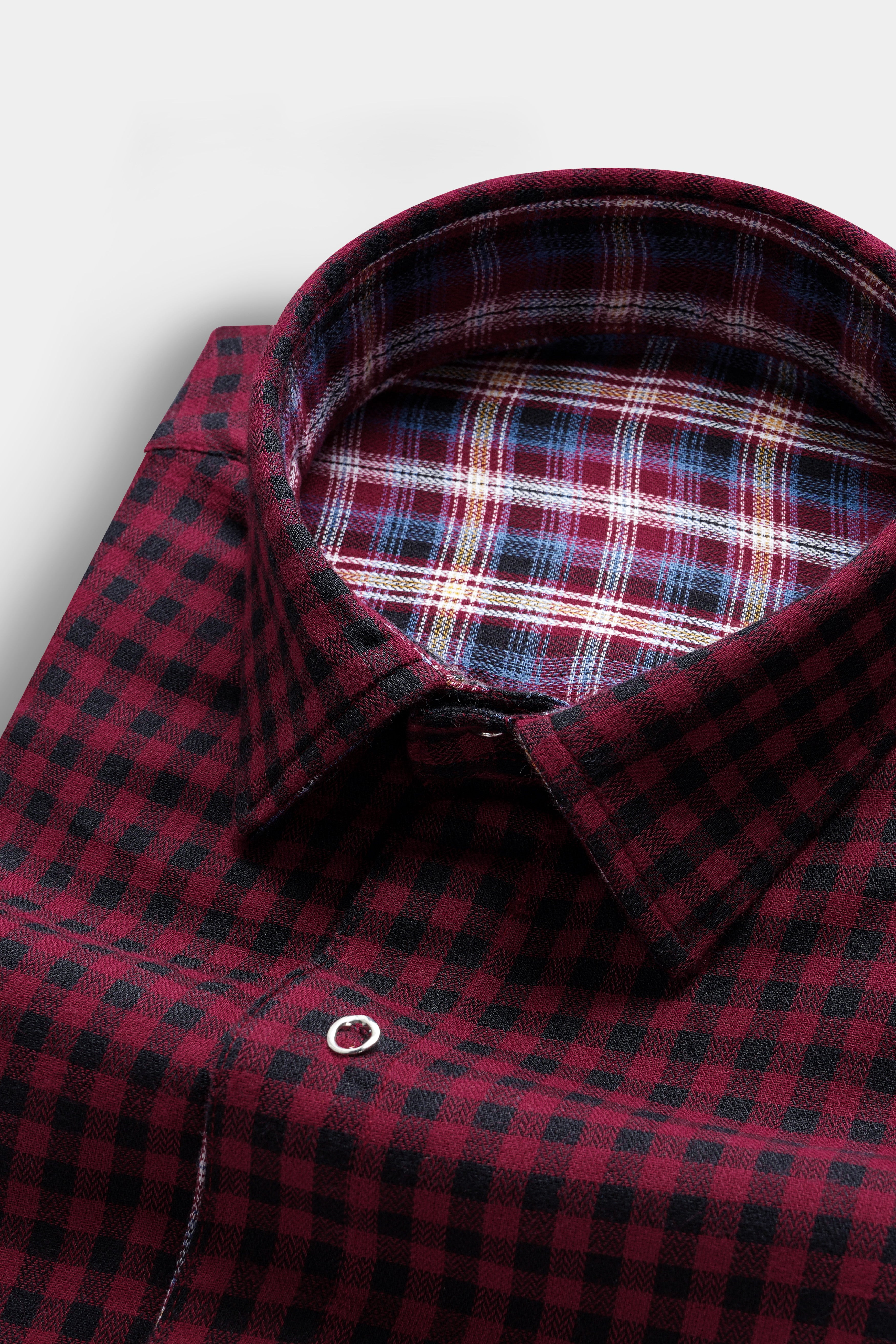 Cherrywood Red And Racing Blue Plaid Herringbone Pattern Premium Giza Cotton Reversible Shirt