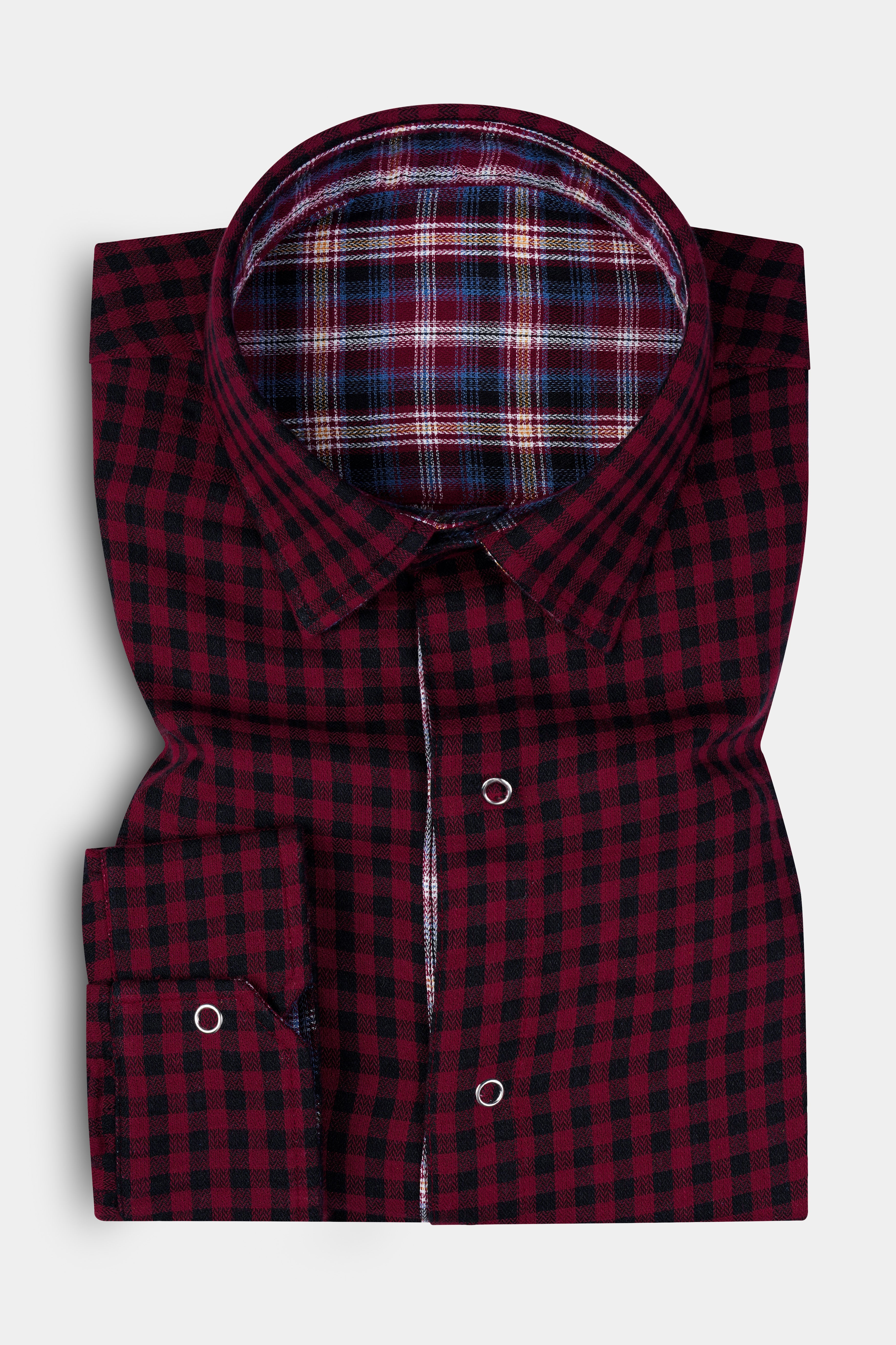 Cherrywood Red And Racing Blue Plaid Herringbone Pattern Premium Giza Cotton Reversible Shirt