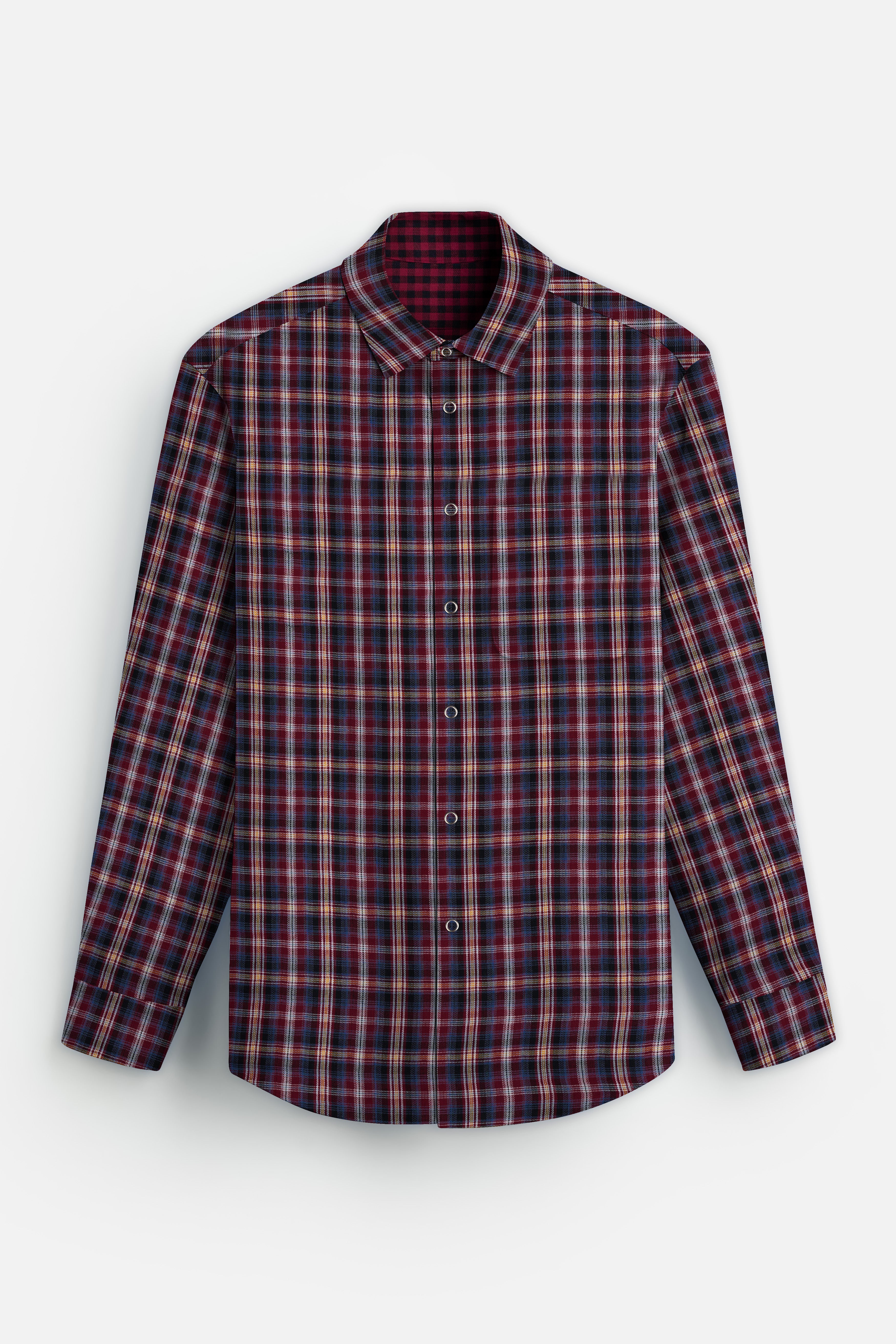 Cherrywood Red And Racing Blue Plaid Herringbone Pattern Premium Giza Cotton Reversible Shirt