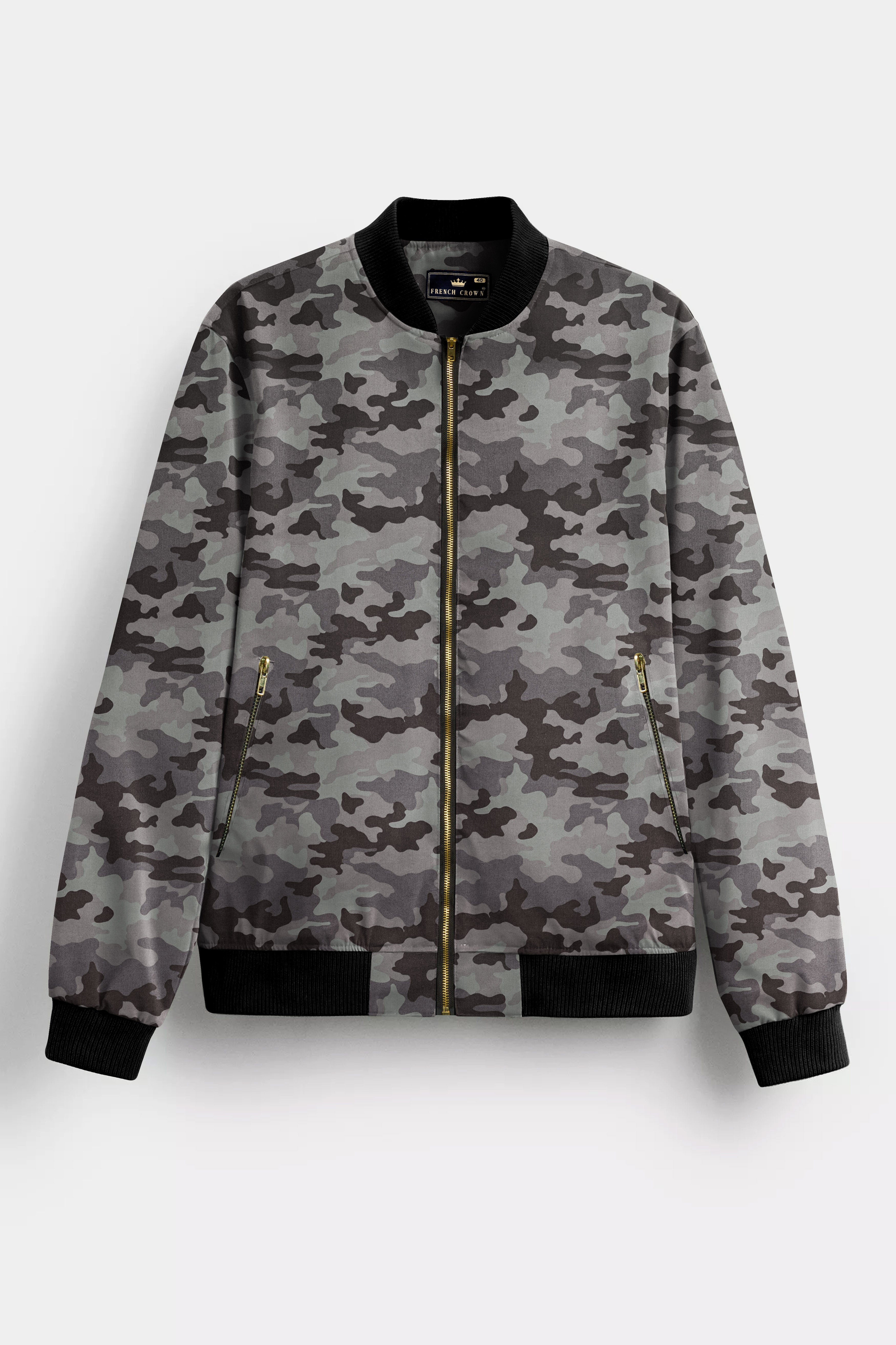 Emperor Gray And Tundora Camouflage Printed Premium Cotton Bomber Jacket