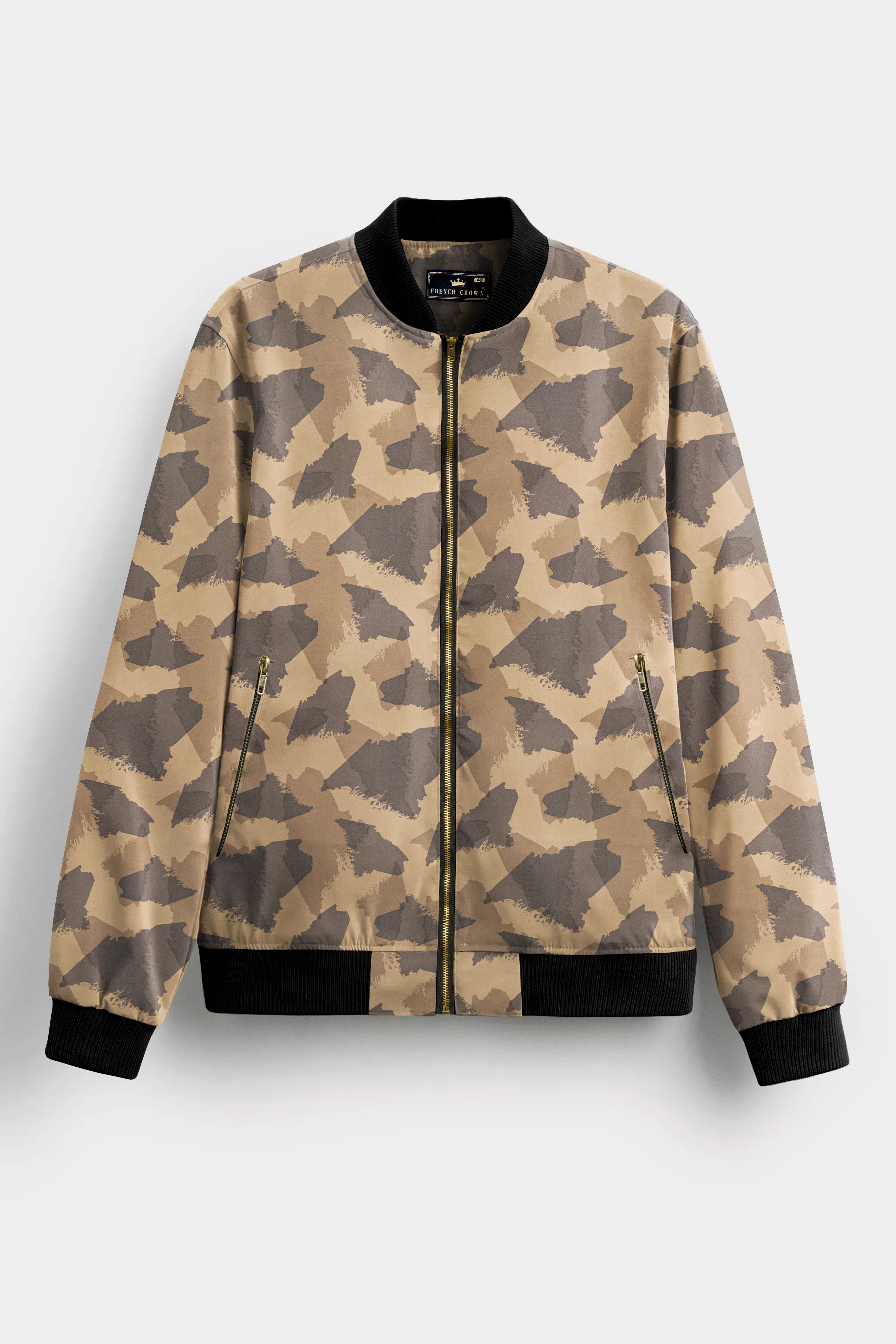 Mongoose Cream And Scorpion Brown Camouflage Printed Premium Cotton Bomber Jacket